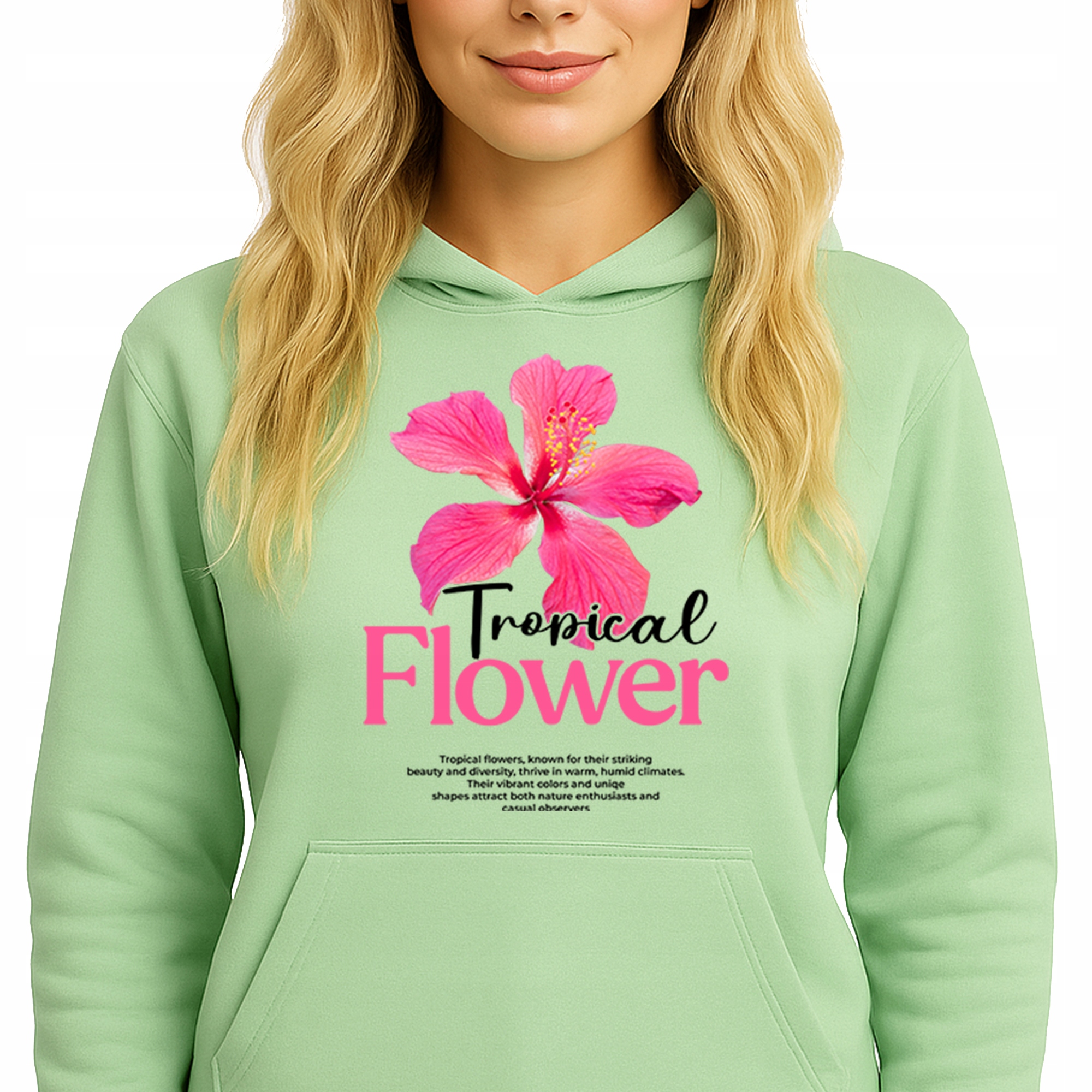 Mikina S Kapucí Hoodie Pistachio Green Bavlněná Módní Tropical Flower S