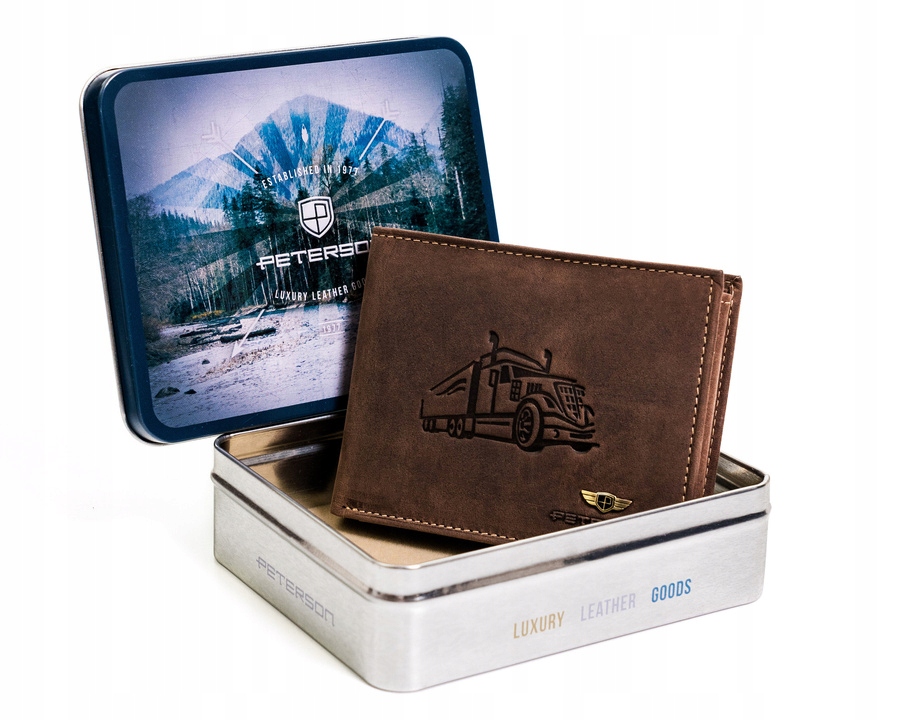 Portfel męski skórzany pojemny Peterson wzór ciężarówka dla kierowcy