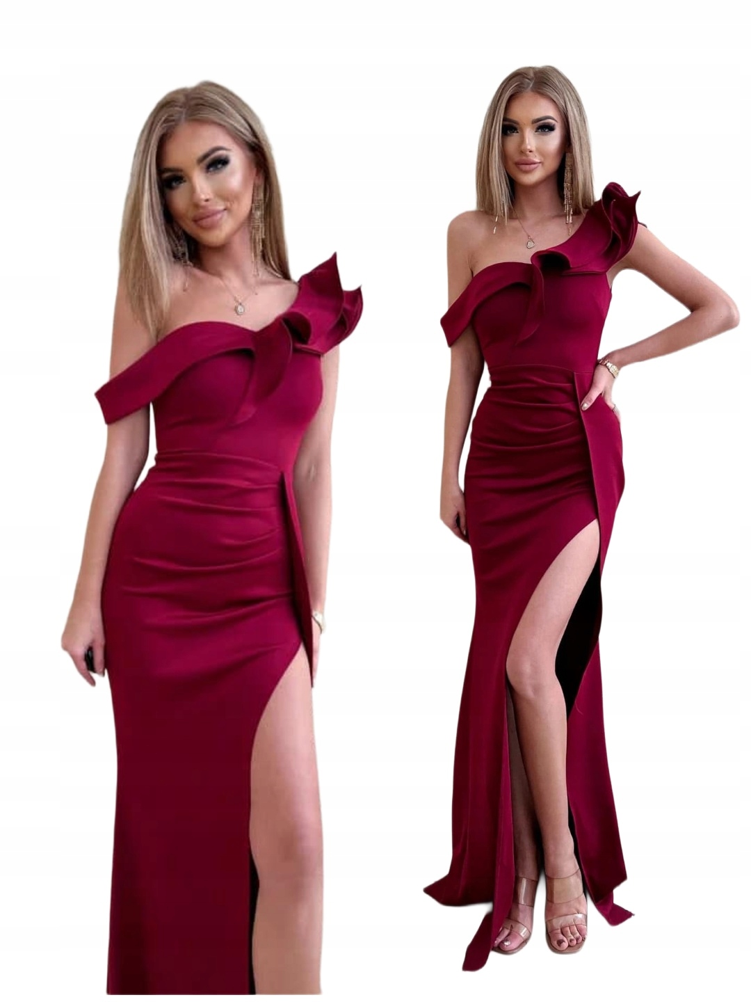 Troya Bordó Maxi šaty na jedno rameno s rozparkem na svatební hostina L