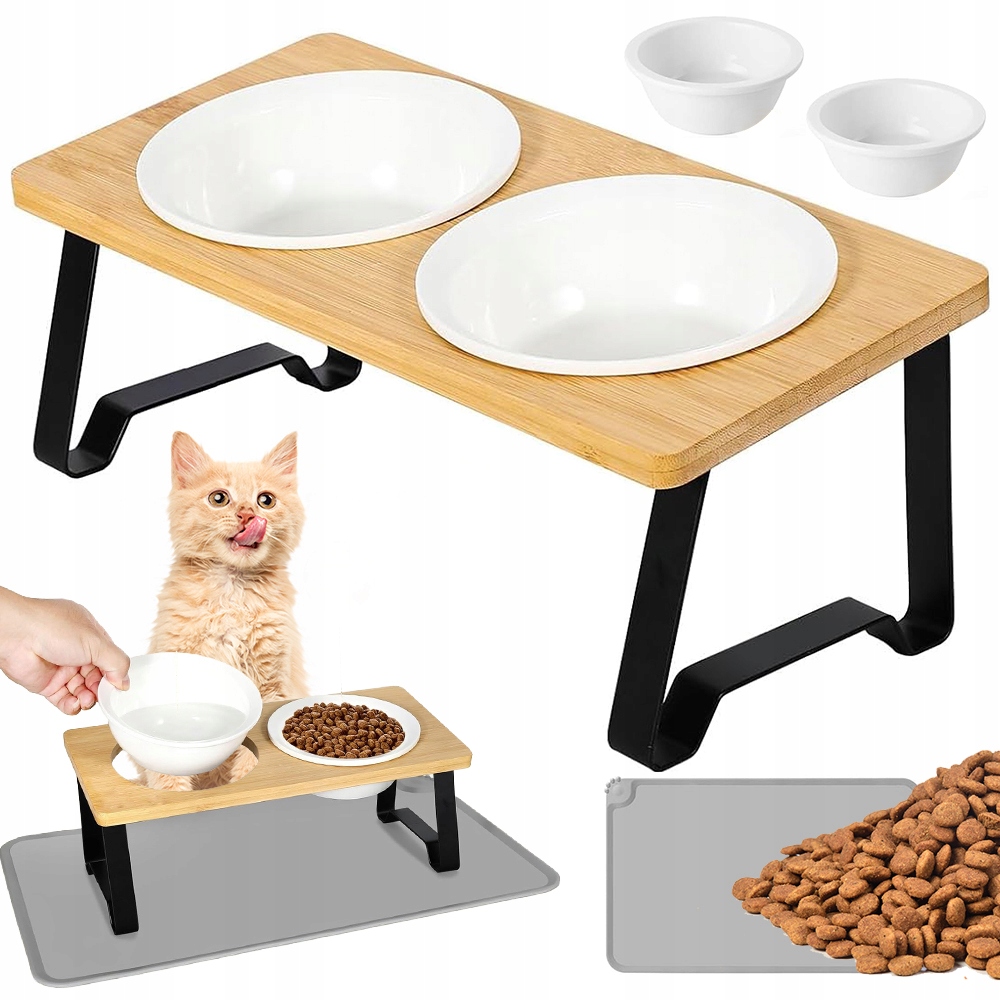 Levně Stojan S Keramickými Miskami Na Krmivo Pro Psa Kočku 34 X 16 CM