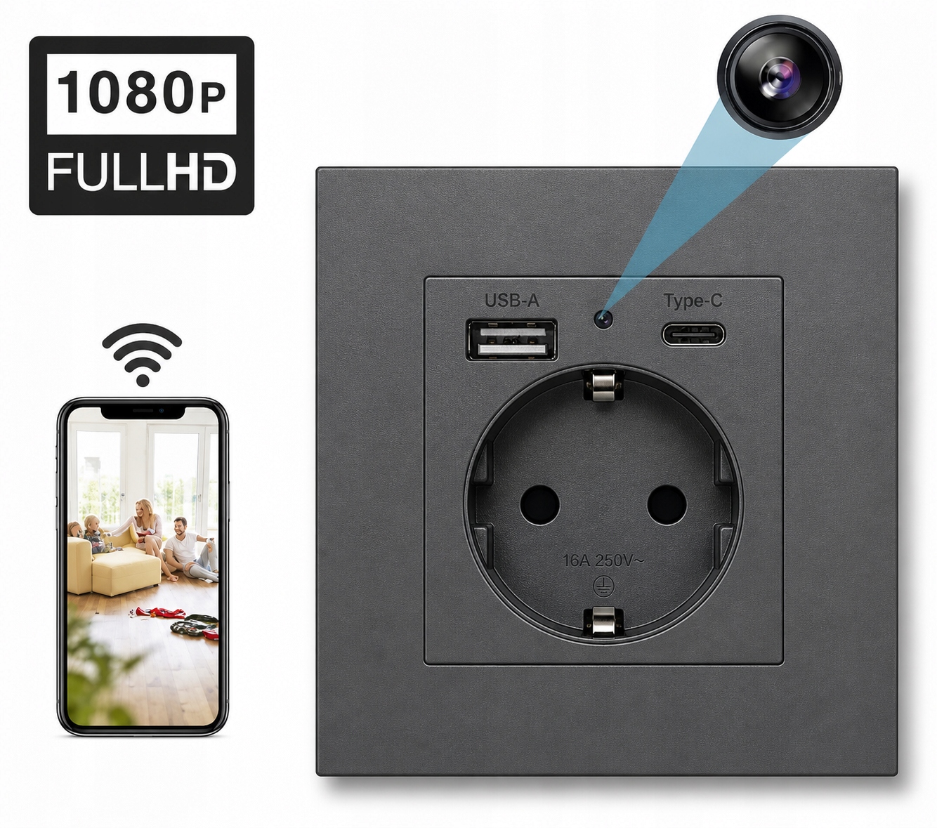 Špionážna kamera WiFi Zásuvka 1080p Full Hd Detekcia pohybu Skrytá šedá