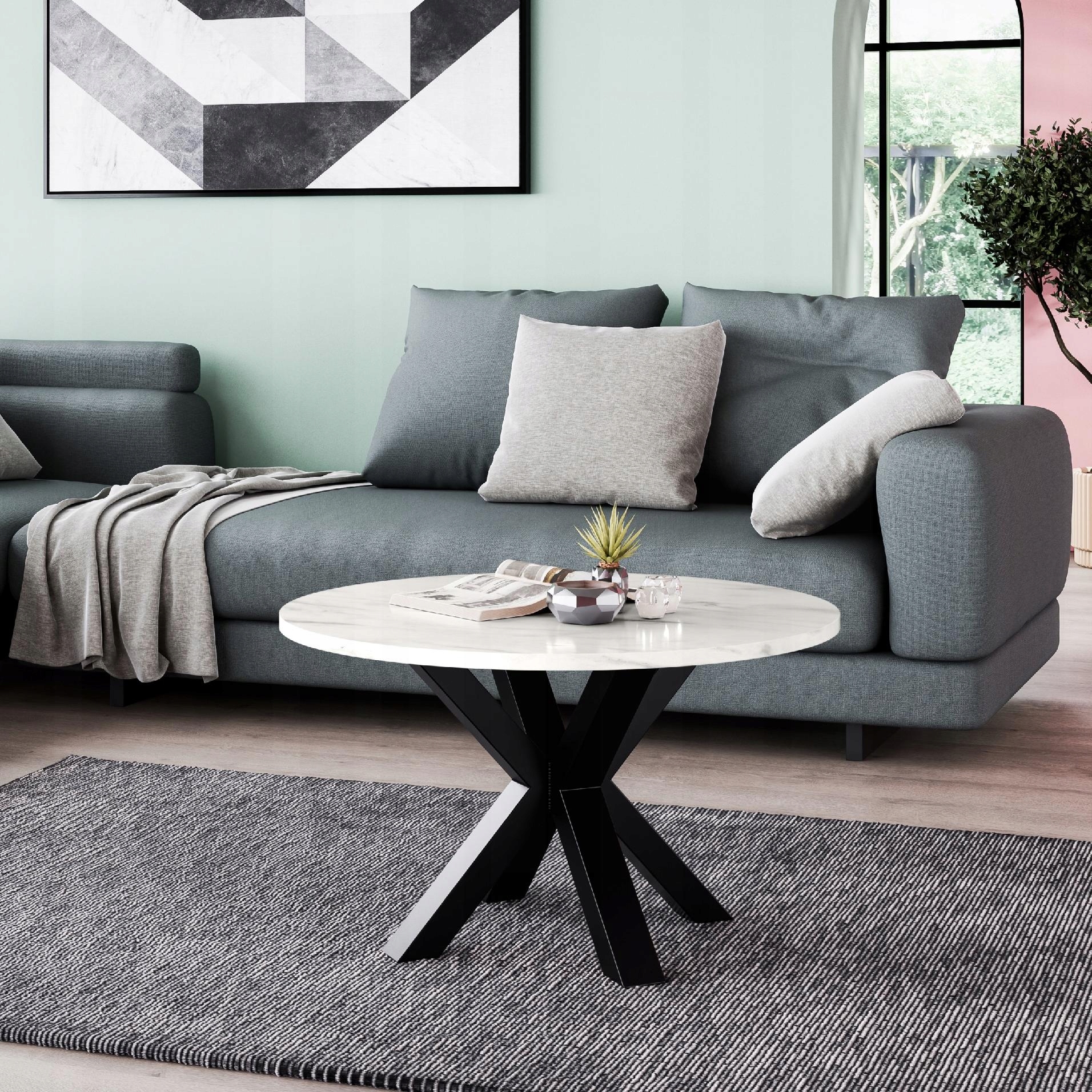 Malý konferenční stolek černý kulatý, stolek mramorový, loftová lavice pavouk kovový