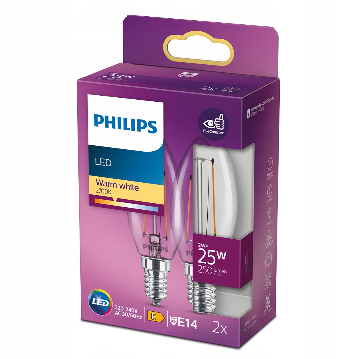 

2x Żarówka E14 Philips Led 2W 25W Filament Retro