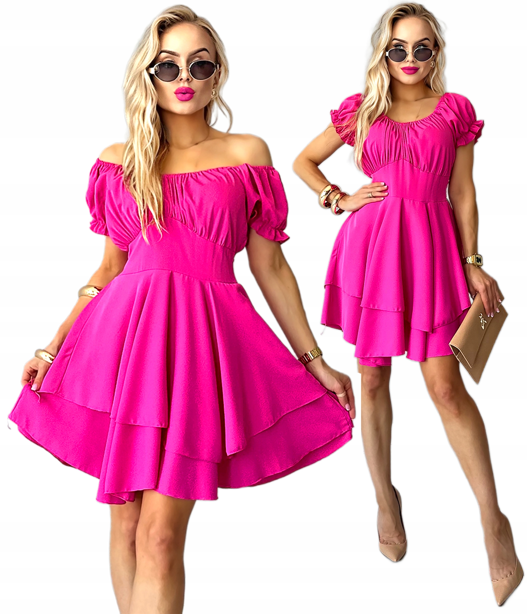 Sukienka Damska mini rozkloszowana falbany na wesele L XL Bonita