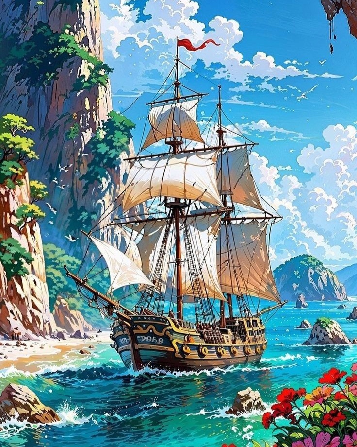 Diamond Painting Loď Moře Loď pirátů Krajina Velká 80x100 cm