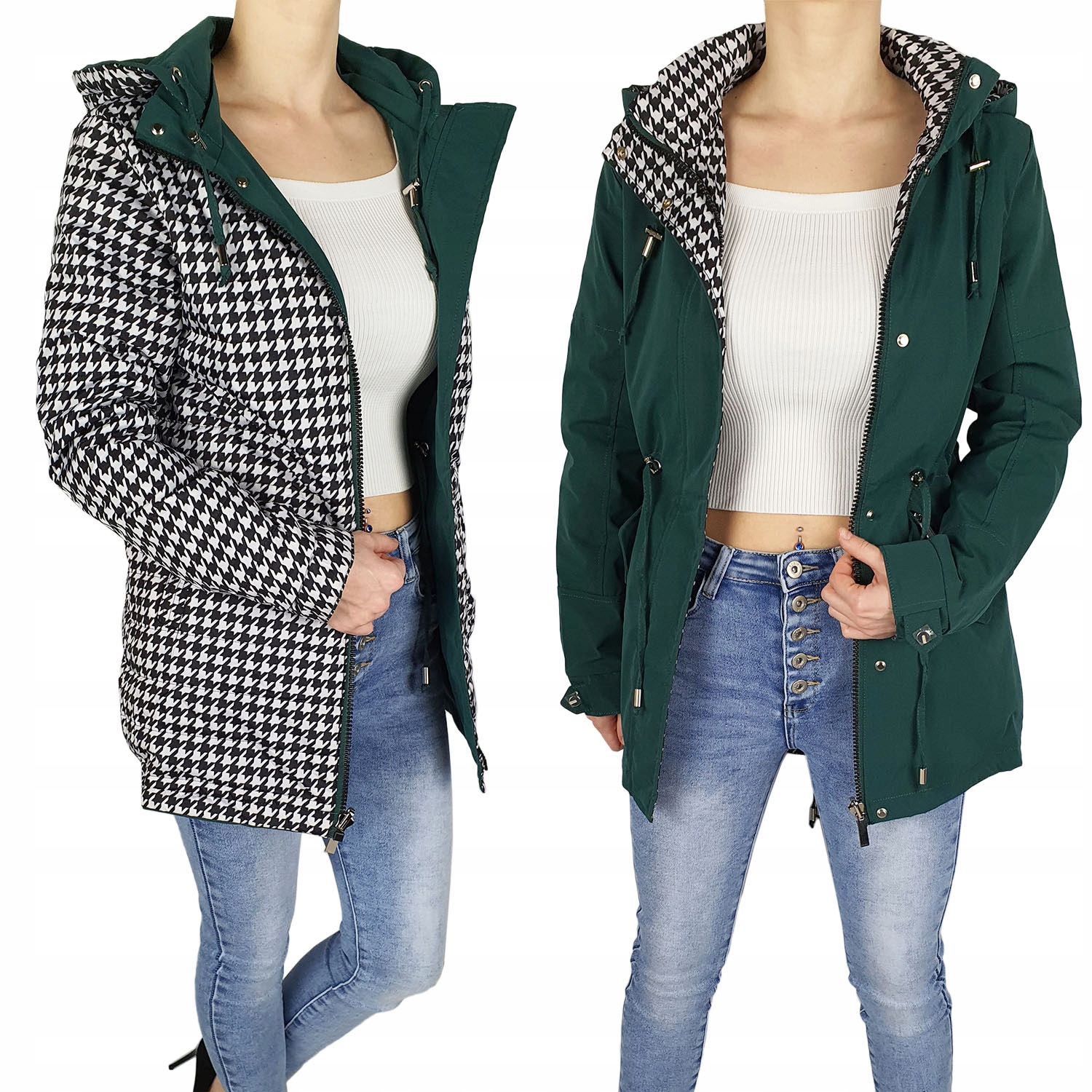 #oboustranná Bunda Dámská Parka S Kapucí Zelená