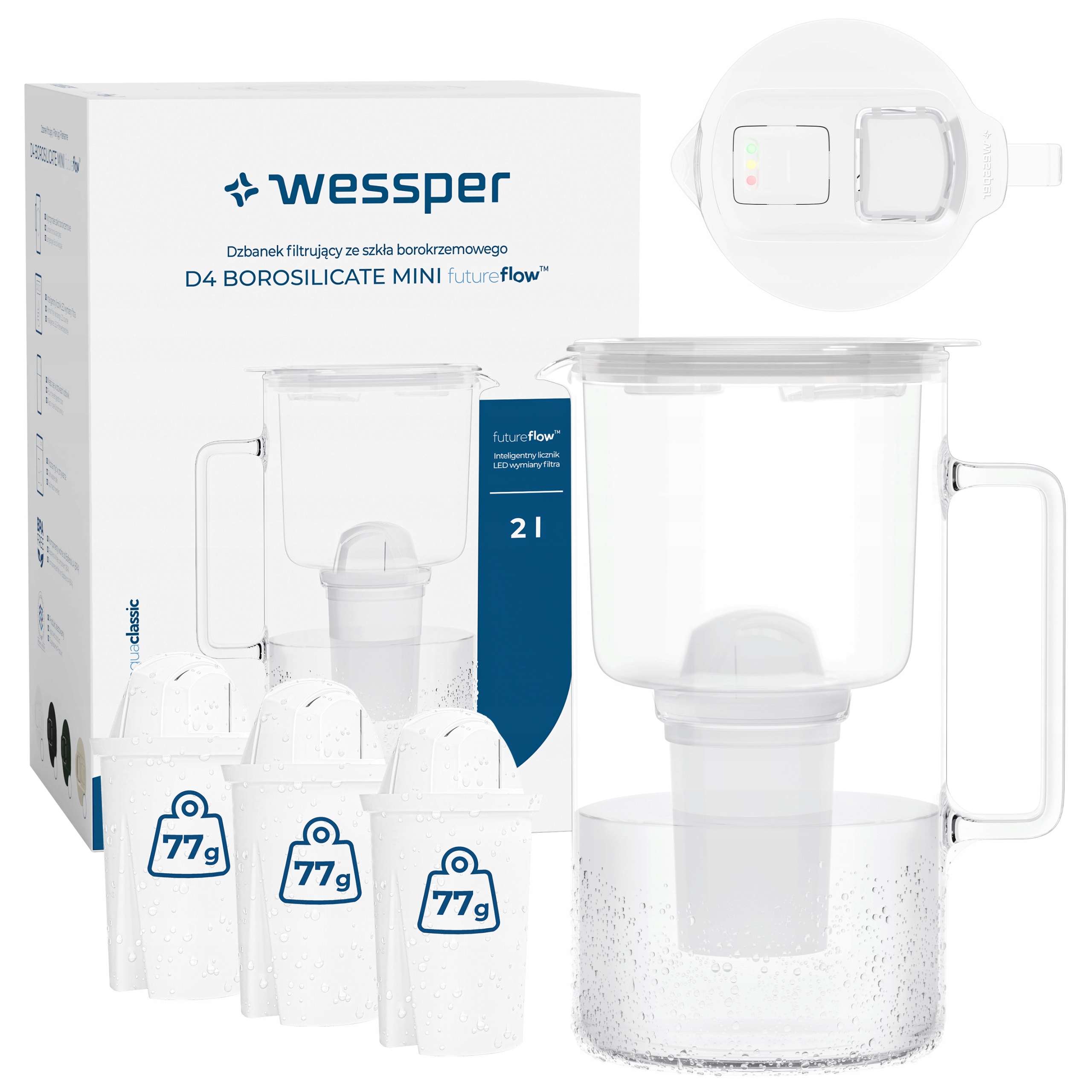 Szklany dzbanek filtrujący D4 Borosilicate Mini licznik Led 2l 4x filtr