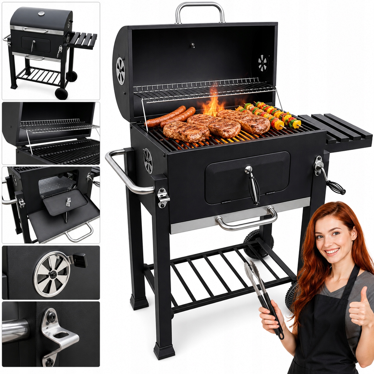 Grill Węglowy Żeliwny Ruszt Duży Ogrodowy Z Pokrywą Zamykany Termometr Koła