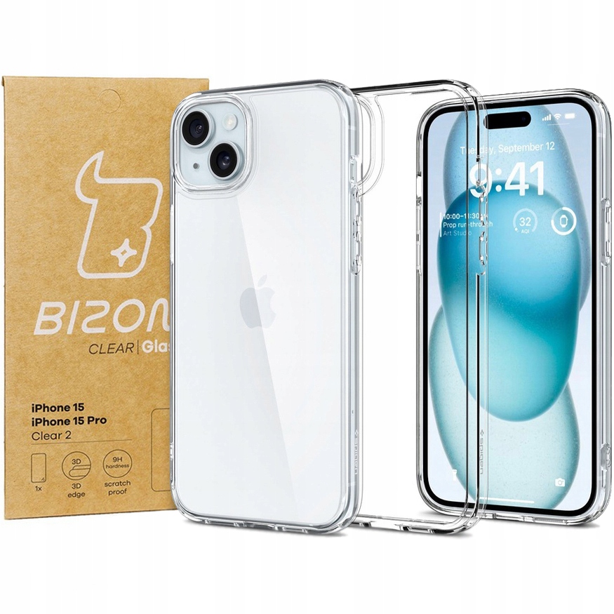 Etui szkło hartowane do iPhone 15, Spigen, Bizon, zestaw, plecki, obudowa
