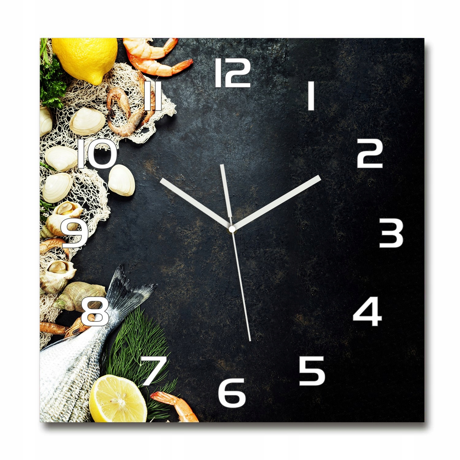 

Duży kwadratowy szklany zegar Owoce morza 60x60 cm