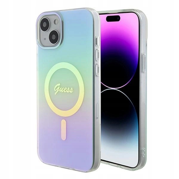 Pouzdro Guess IML Iridescent MagSafe pro iPhone 15 Plus tyrkysové