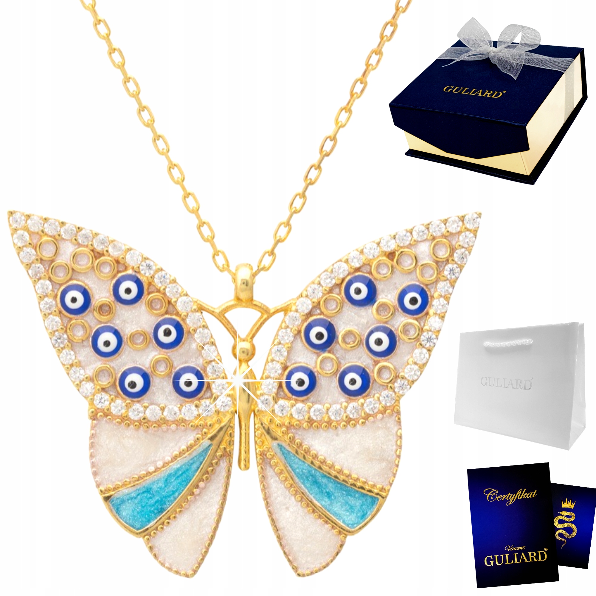 Zlatý Náhrdelník s Motýlem Pozlácený 585 Velký Motýl se Zirkony Stříbro 925