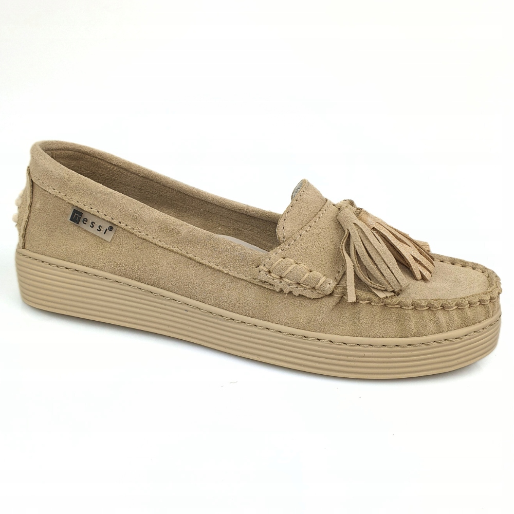 Mokasyny z frędzlami NESSI 18309 beż welur r. 39 Kolor beżowy