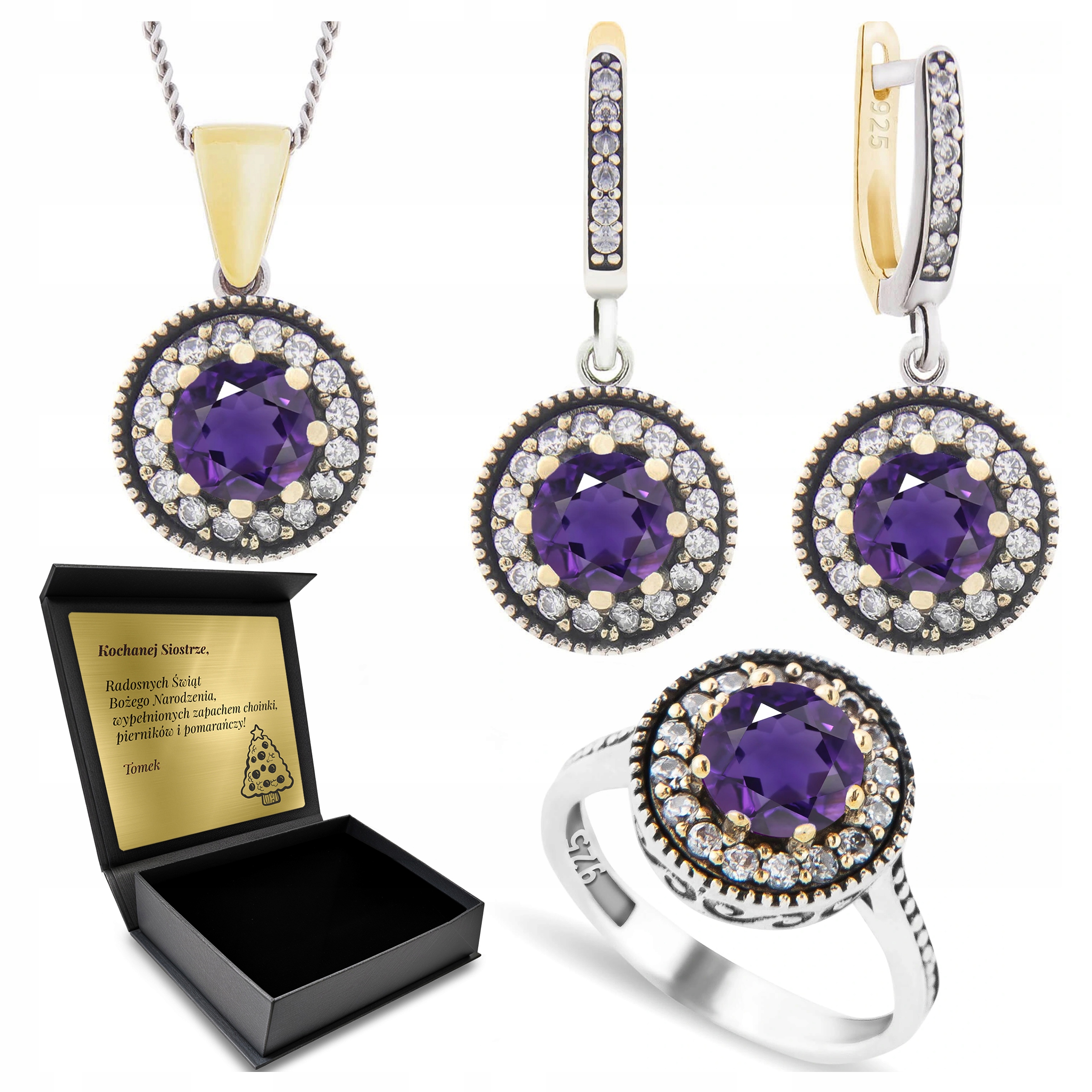 Sada Stříbrných Šperků 925 S Ametystemovými Zirkony pro ženy Gravírování