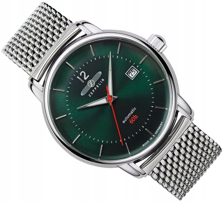Pánské Hodinky Zeppelin 8160M-4 Bodensee Zelený Automat S Datem Na Meshovém Boxu