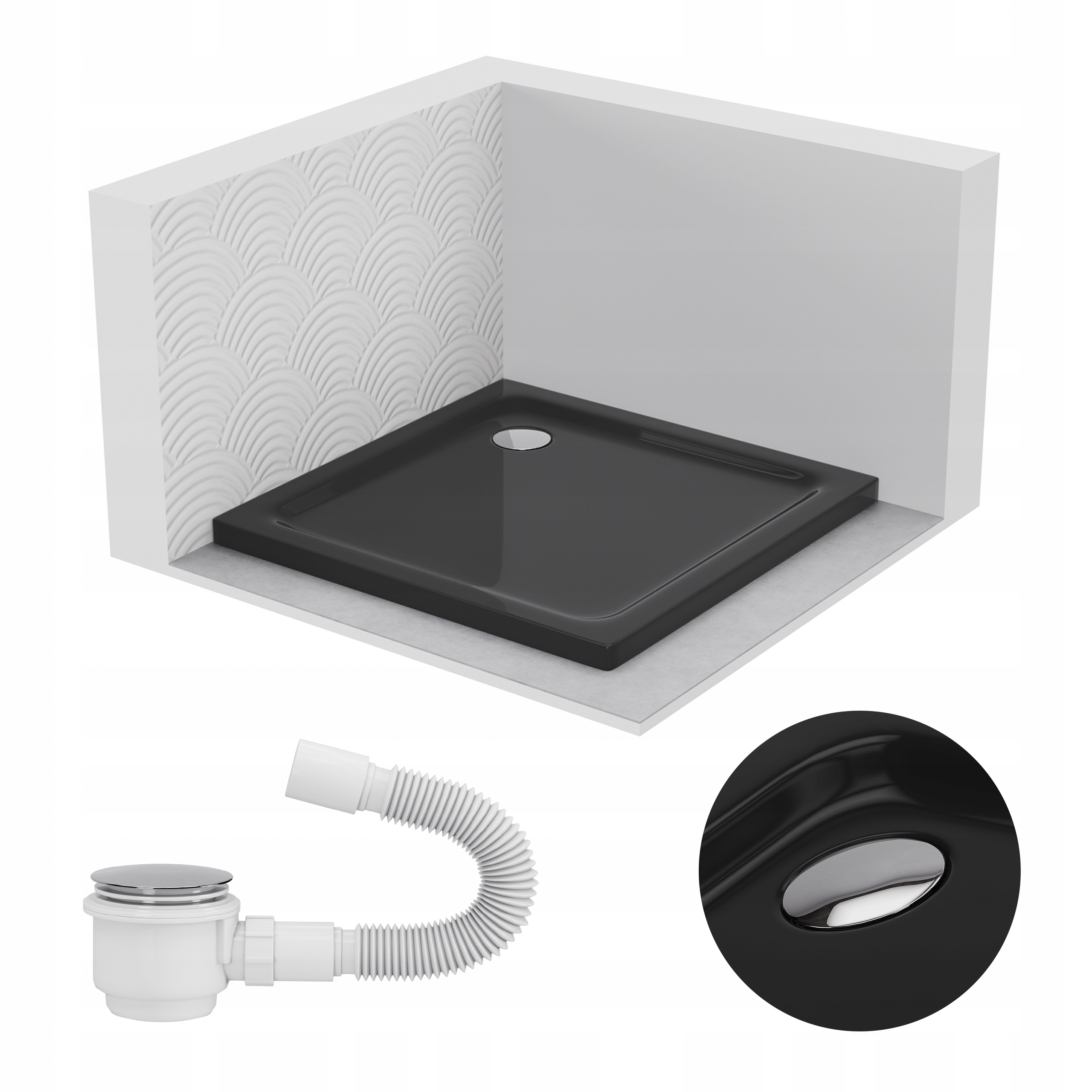 Sprchová Vanička Čtvercová 90x90 Slim Nízká 5 CM Černá Black Sifon