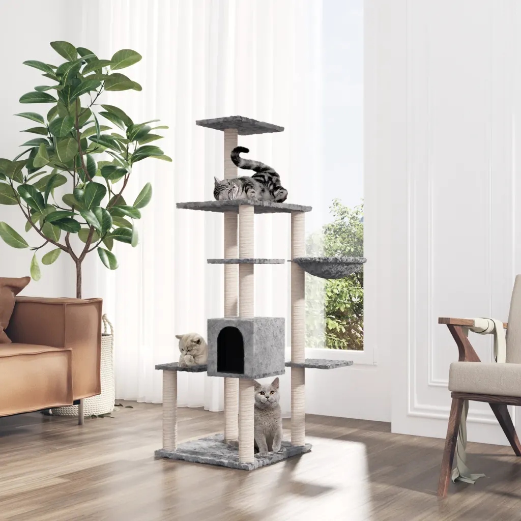 Levně Škrabadlo pro kočky se sisalovými sloupky, světle šedé, 142 cm