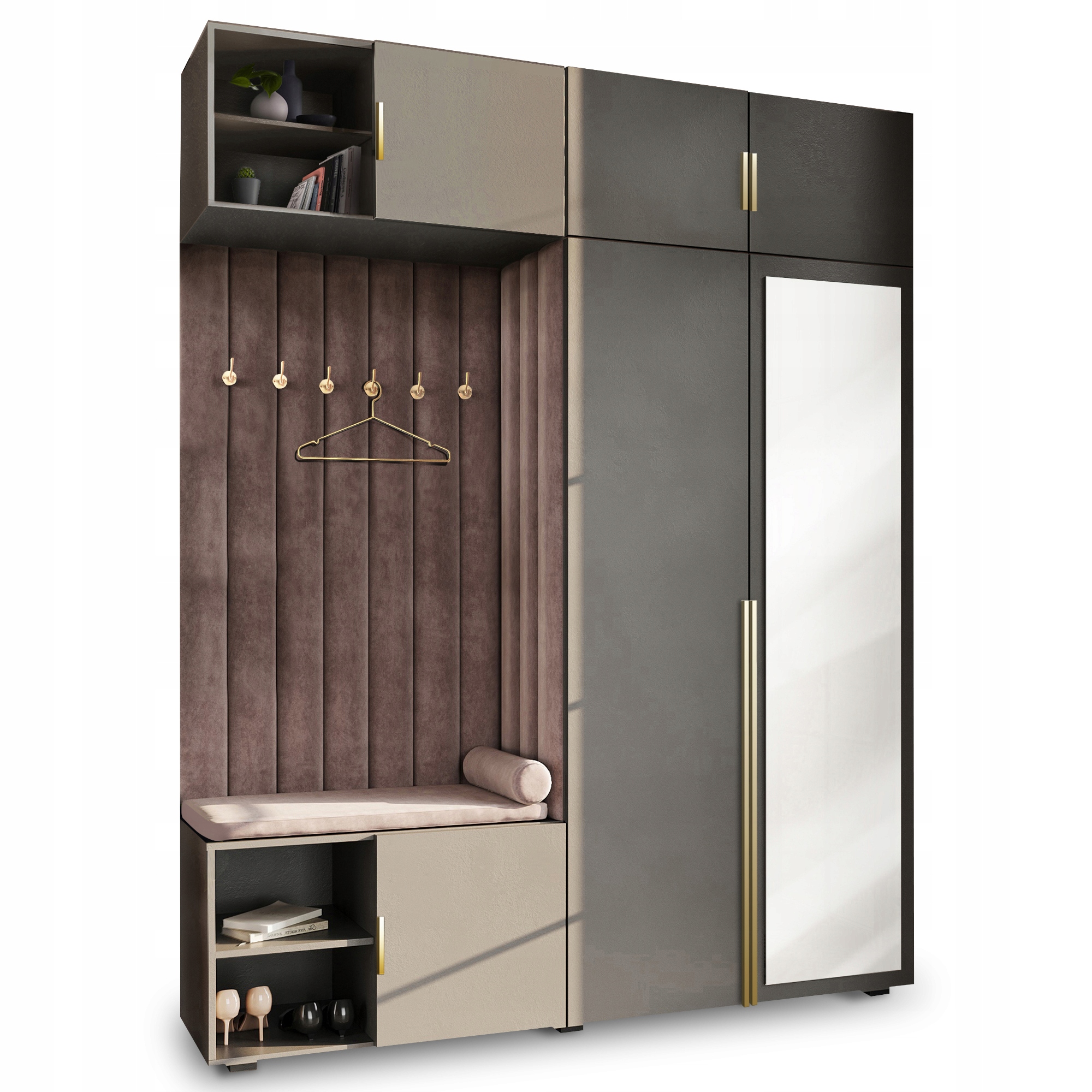 Šatník Do Předsíně S Sedákem A Nástavcem Šedý Se Zrcadlem Hexa 87