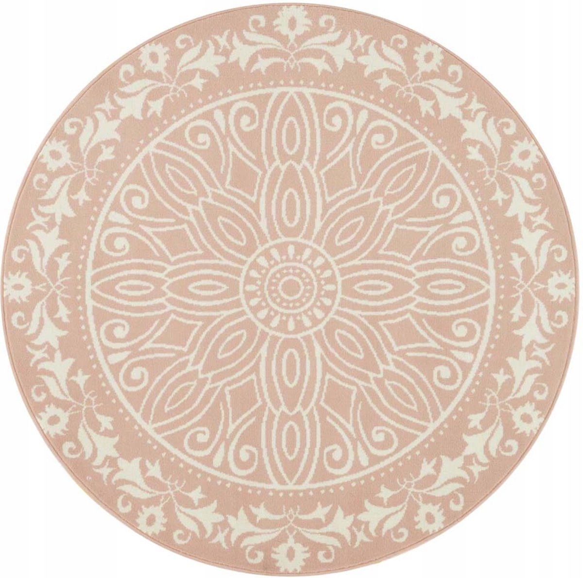 Okrúhly moderný koberec do obývačky, ružovo-krémový orientálny vzor 140 cm