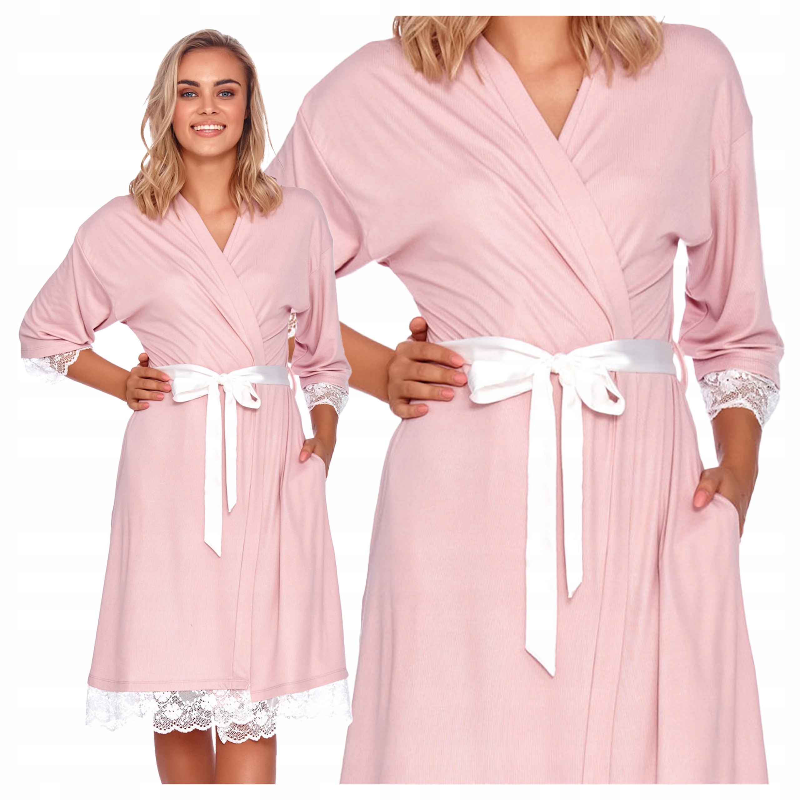 Bavlněný dámský župan s krajkou, na zavazování v pase, délka ke kolenům, růžový, velikost M