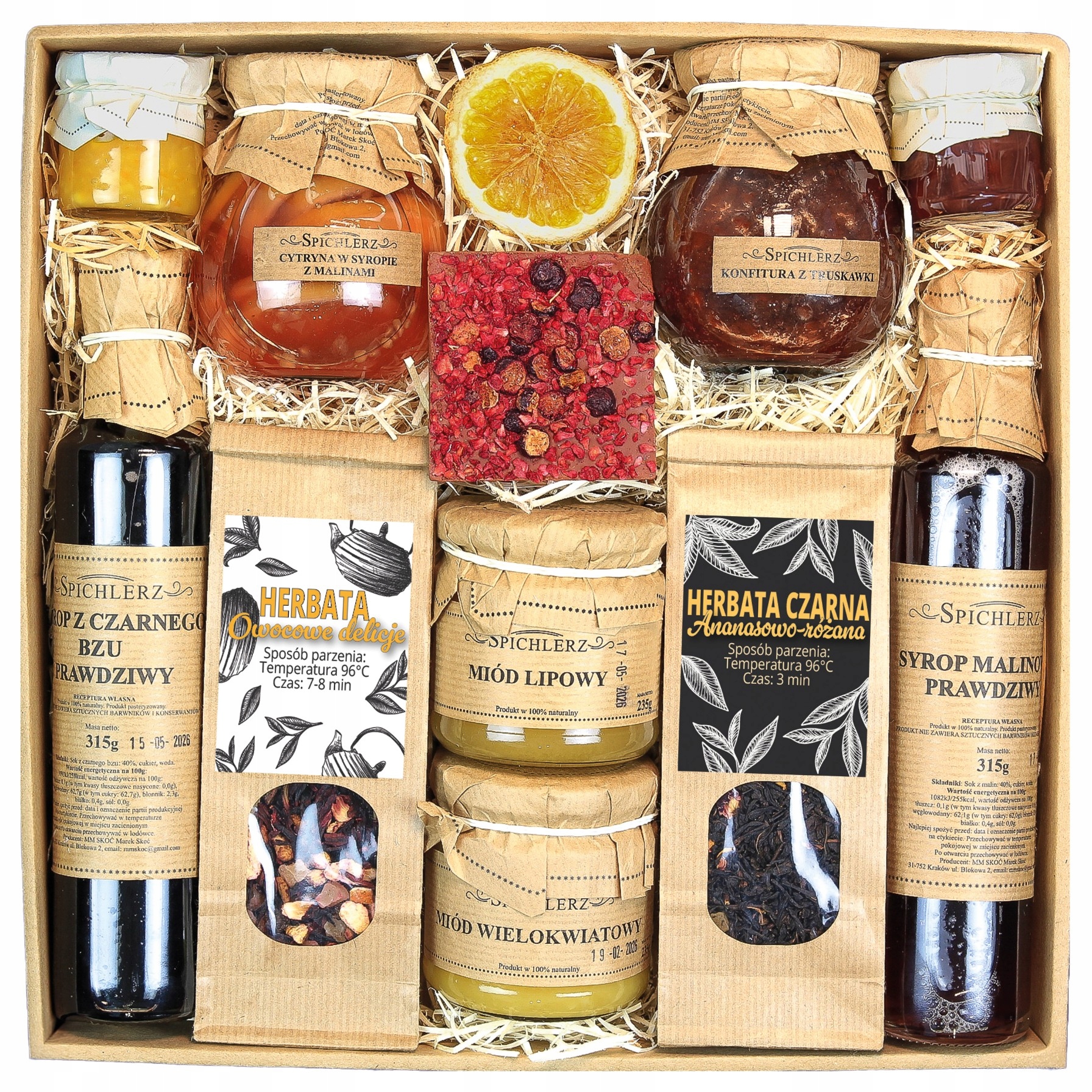 Duży Kosz Prezentowy Herbata Miód Naturalny Syrop Czekolada Przetwory