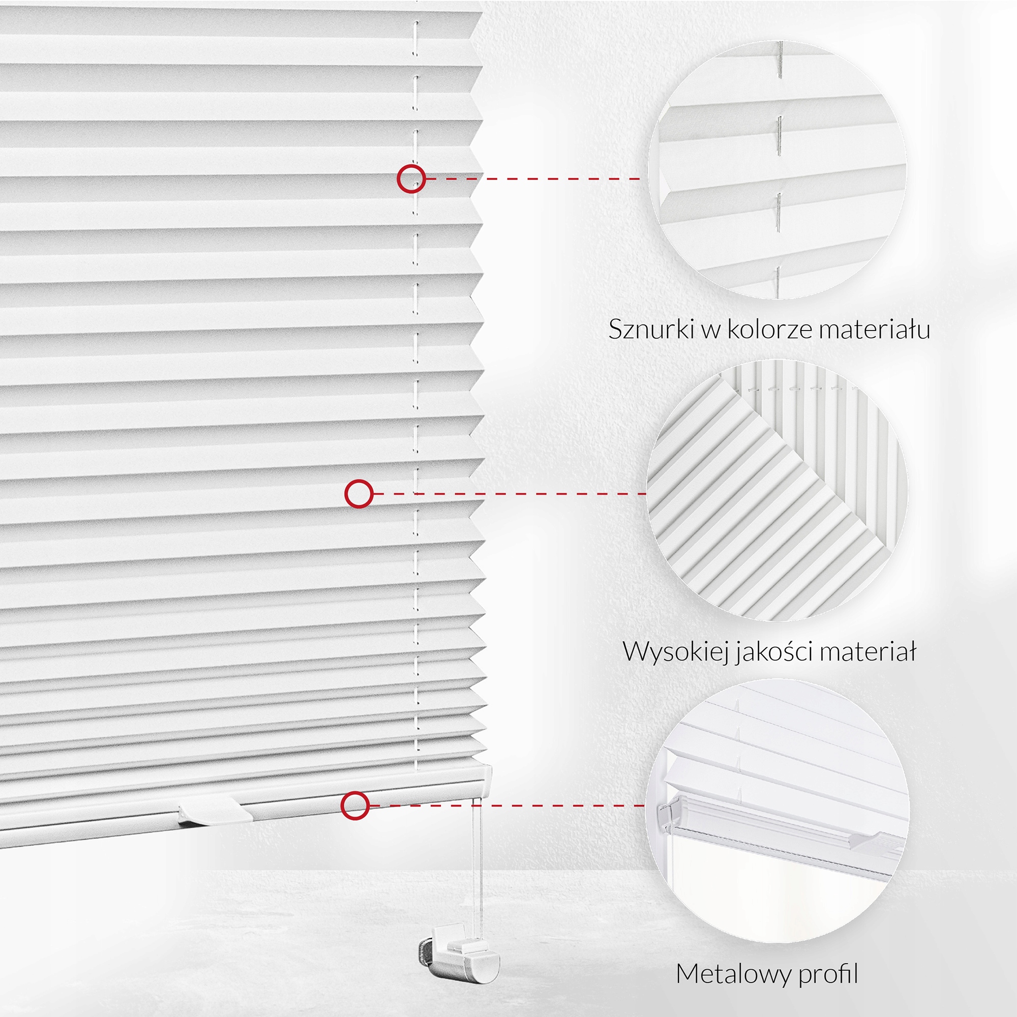 Bezinwazyjna Plisowana Roleta okienna 86,5x150 cm Długość 150 cm