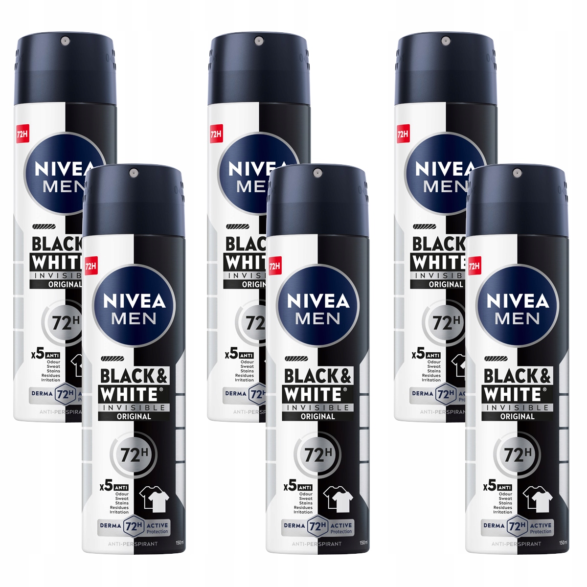 Zestaw Nivea Men Black & White Invisible Antyperspirant w sprayu 6 x 150 ml