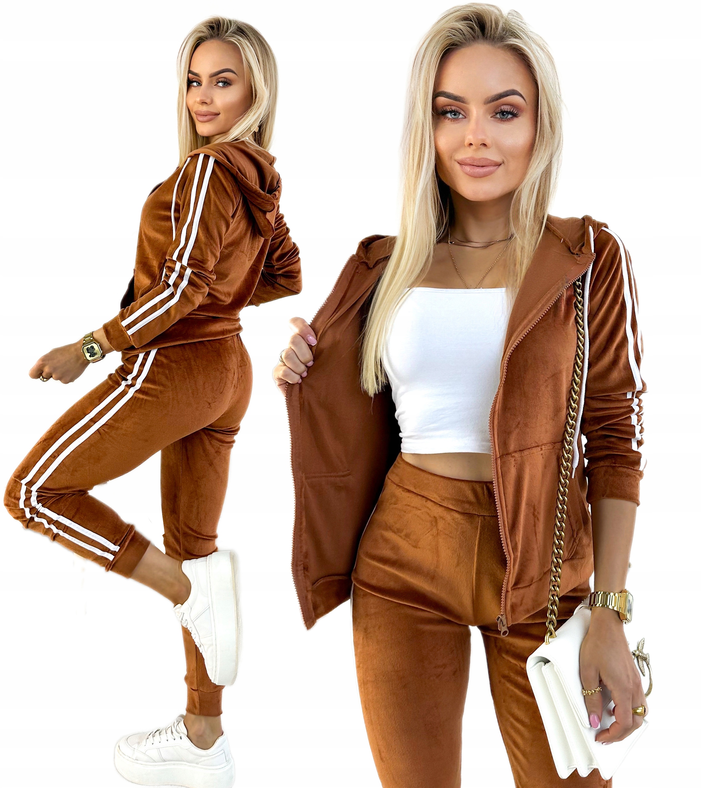 Welurowy Dres damski Komplet Dresowy bluza kangurka spodnie lampas 40 42