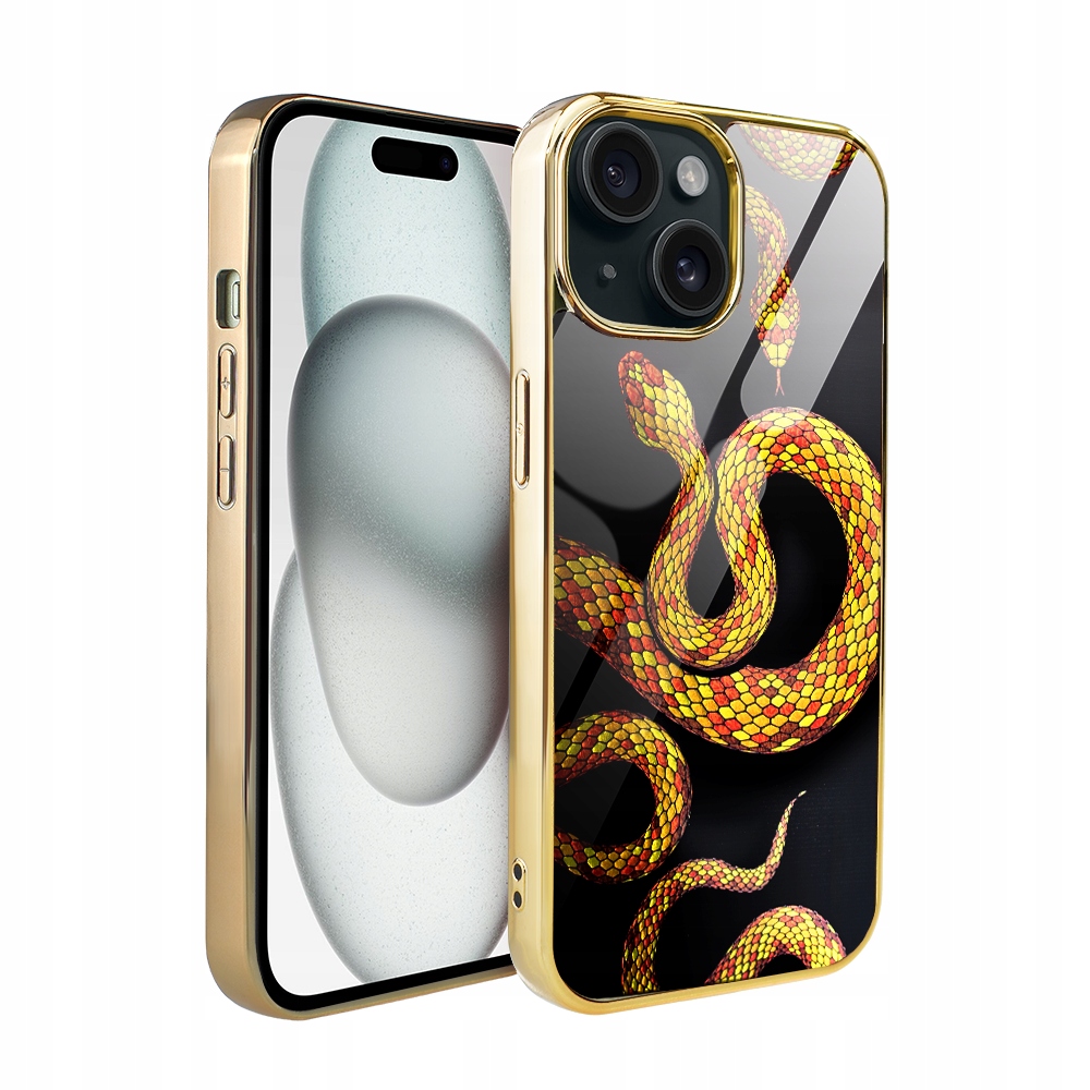 Pouzdro pro iPhone 15 Ibizu Elite Glass, skleněná zadní strana, hadičky se zlatem, zlaté