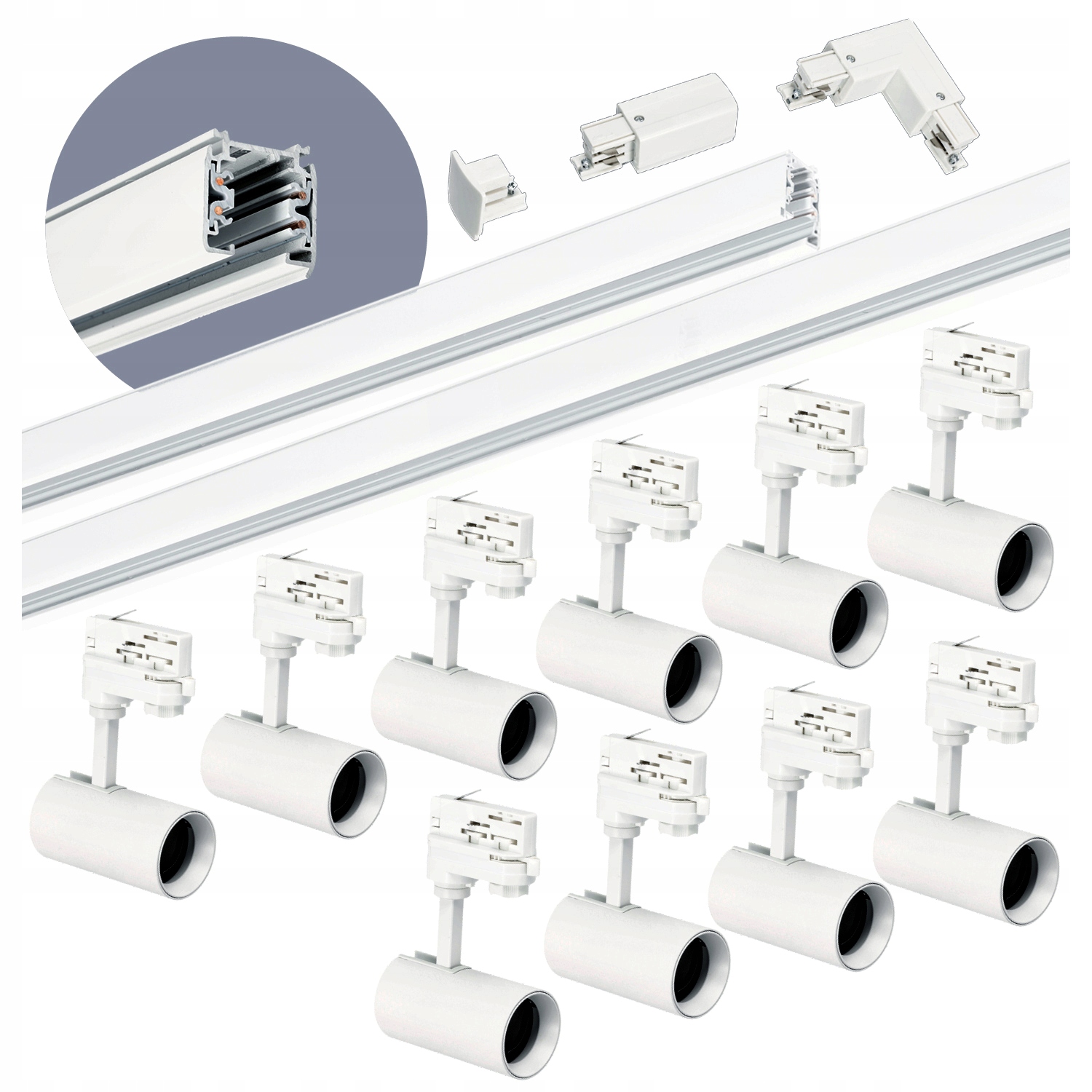 Sada kolejnicová 3-fázová kolejnice 1m+2m, 10x lampa, spojka L Bílá sada