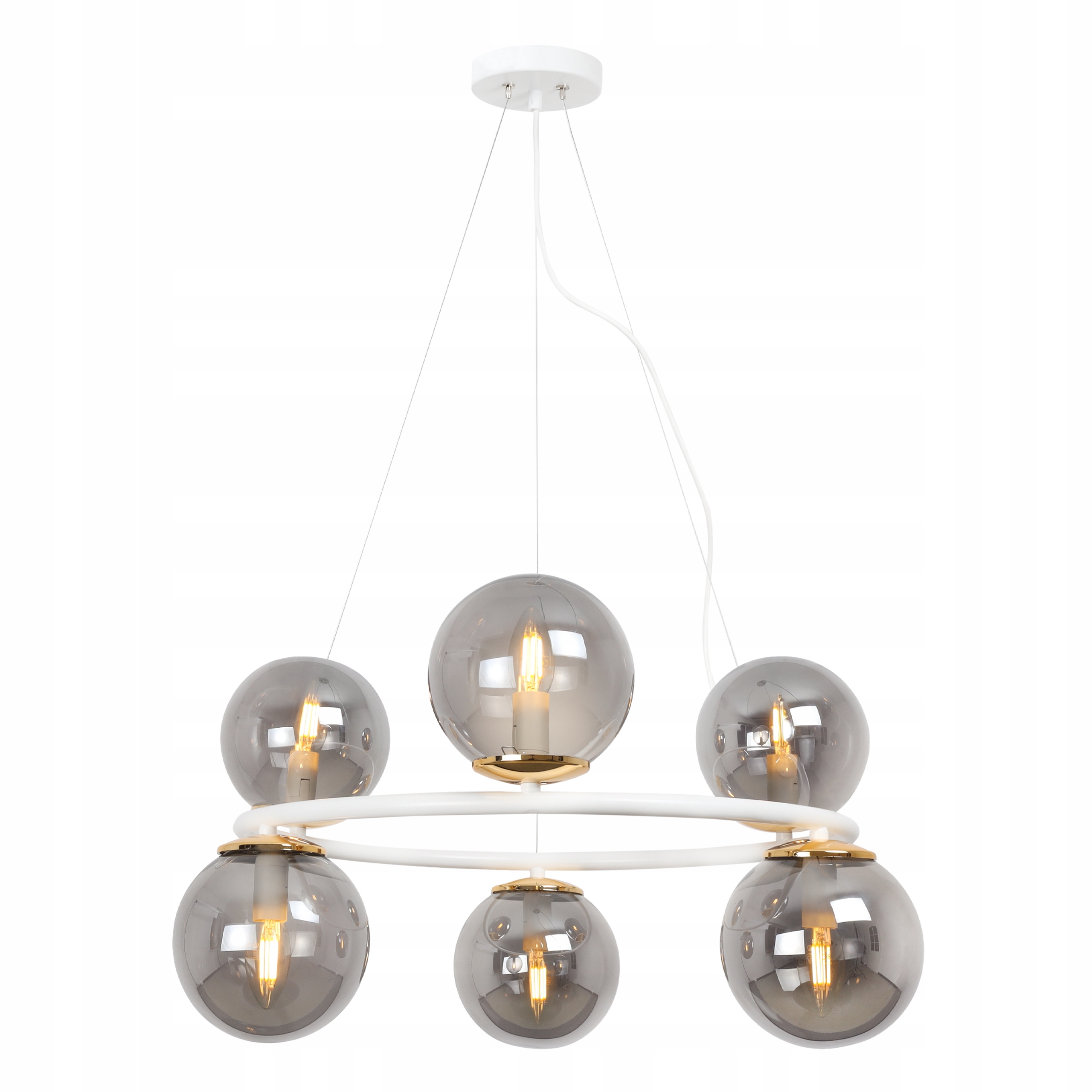 Stropná Závesná Lampa Bielo Zlatý Luster Sklenené Grafitové Gule 6XE14