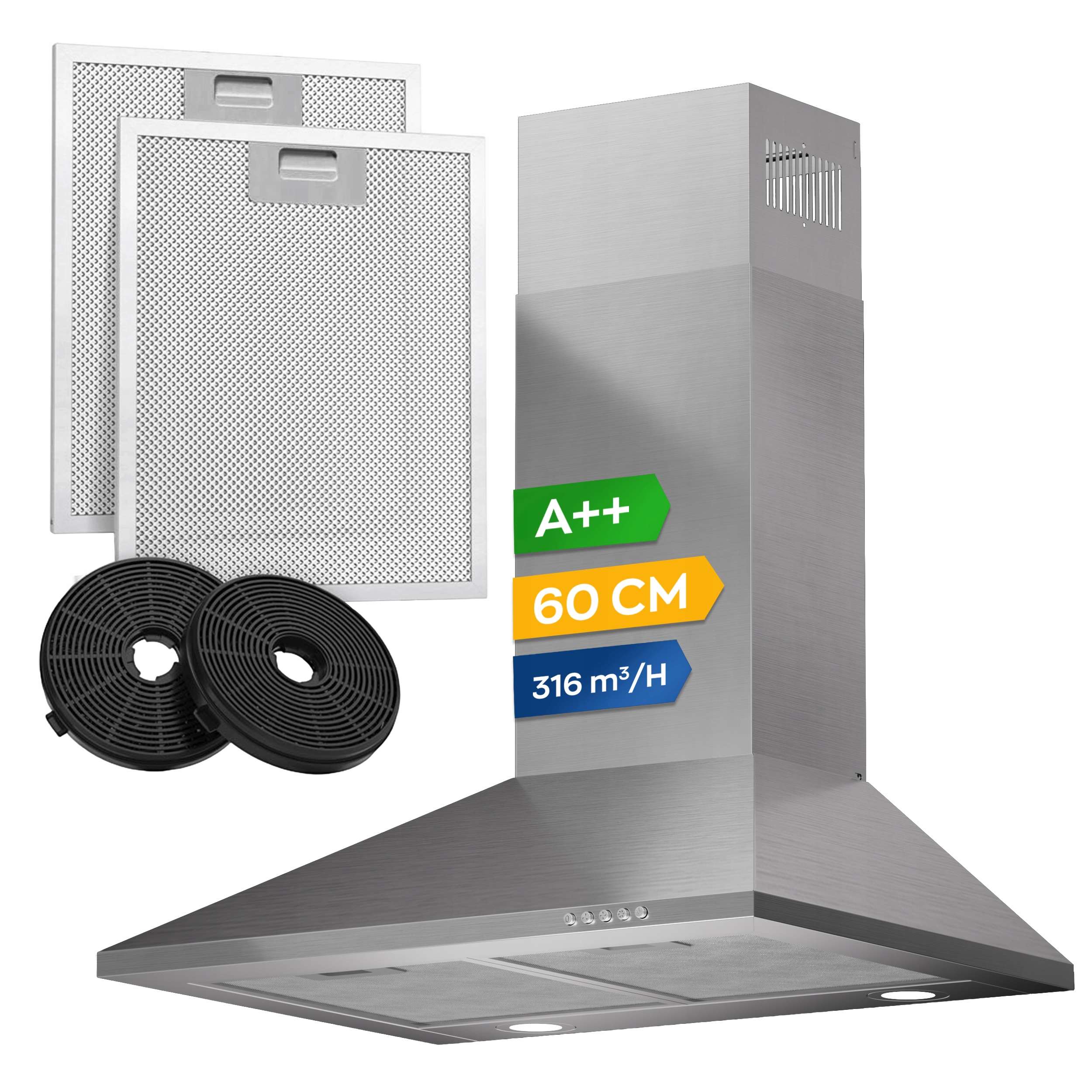 Okap Kominowy 60cm Kuchenny Pochłaniacz Led 316 m³/h Filtry Srebrny Inox