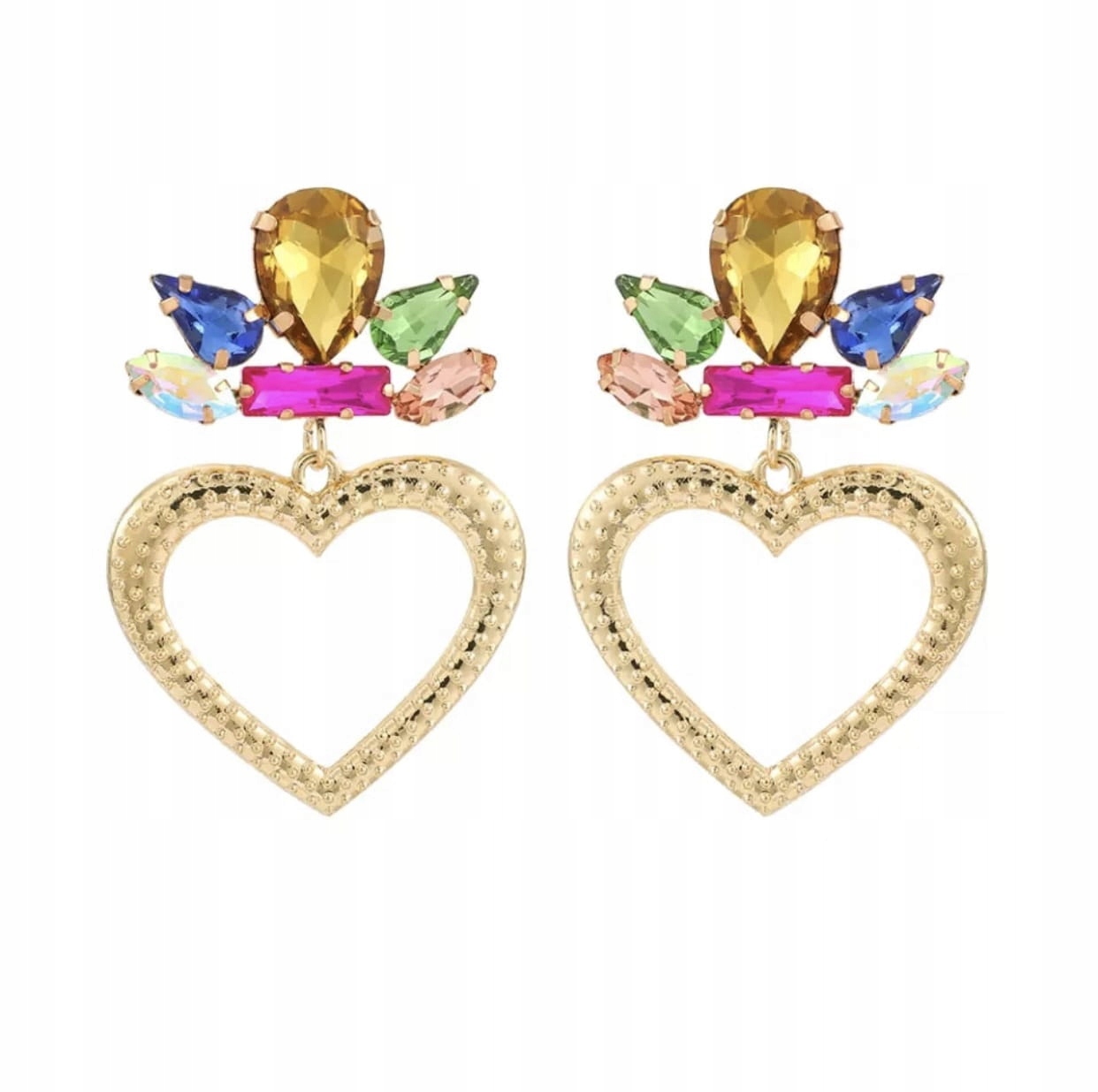 

Kolczyki kryształki serca złote tęczowe kamyki