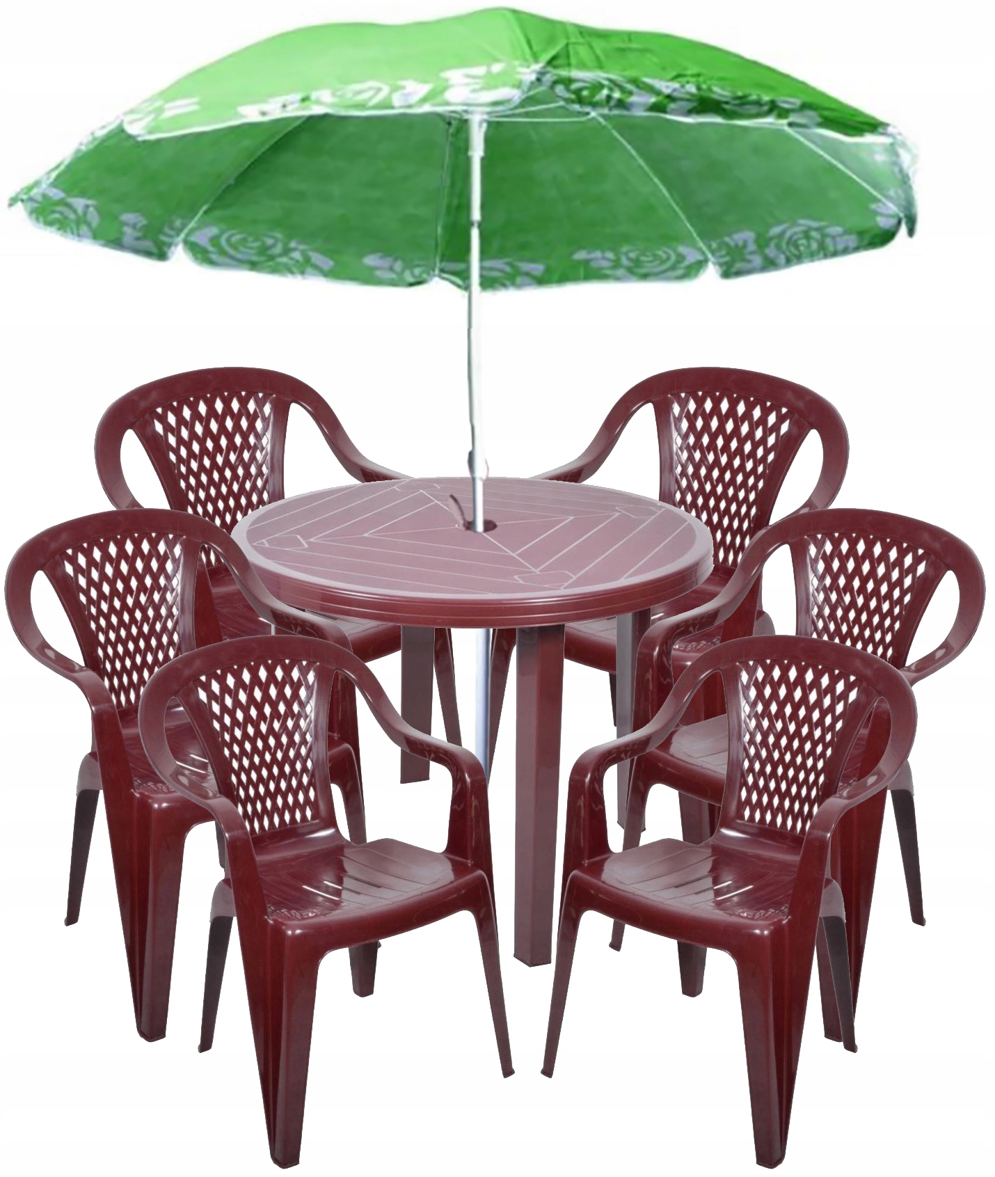 6+1 ZESTAW PLASTIKOWY KRZESŁA STÓŁ PARASOL BORDO