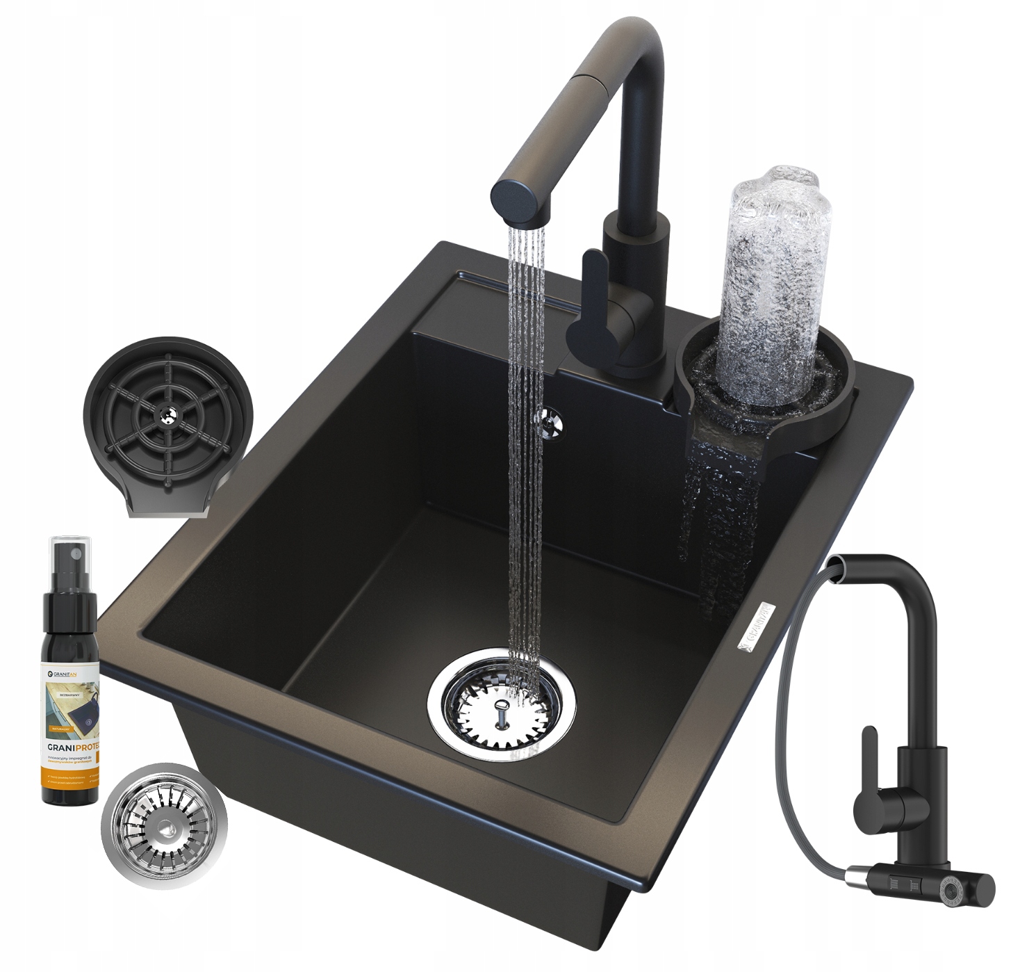 Granitový Dřez Černý Sada Kuchyňských Kohoutků Myčka Sifon Best