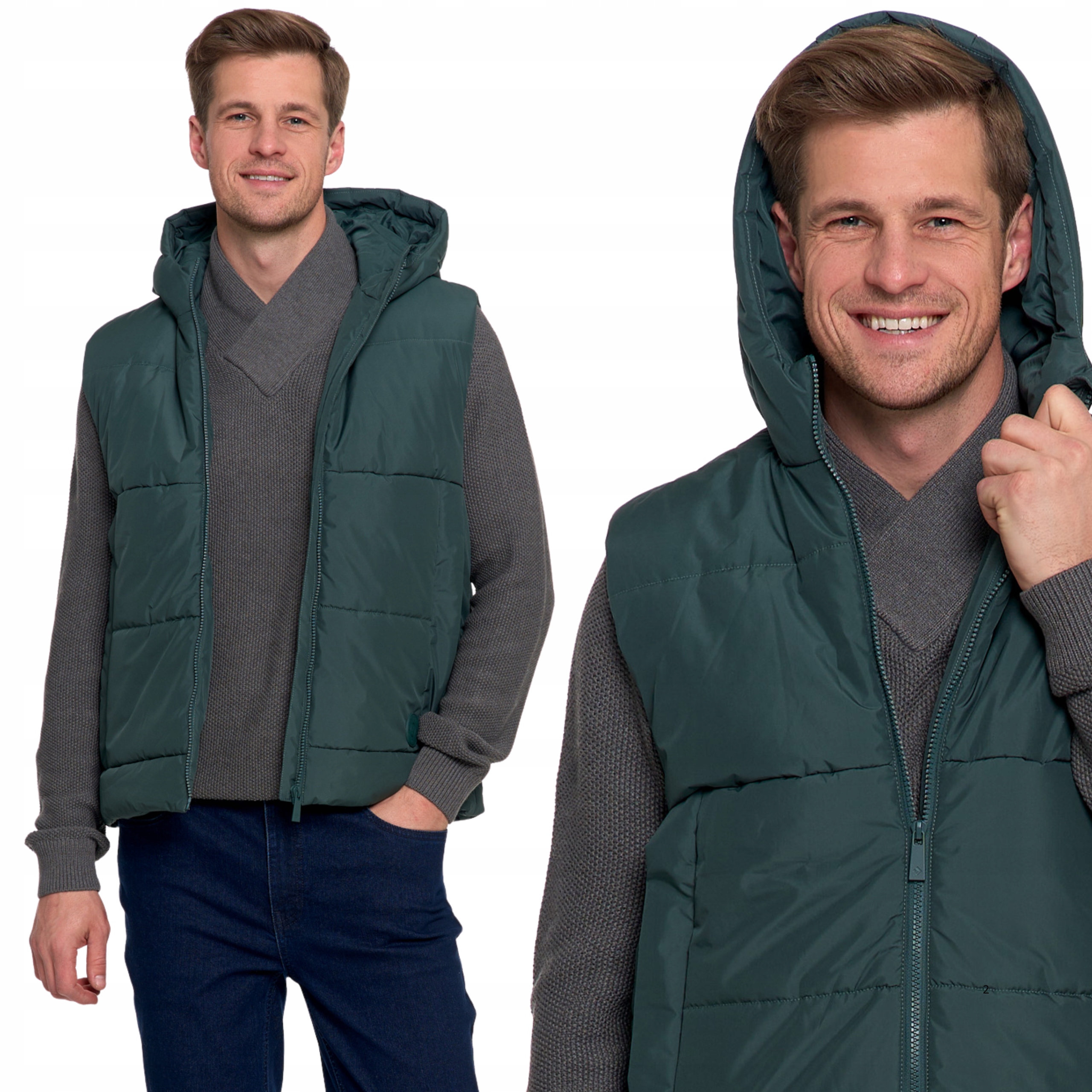 Pánská prošívaná vesta se zipem, Bunda Bez Rukávů s kapucí Moraj zelená 2XL