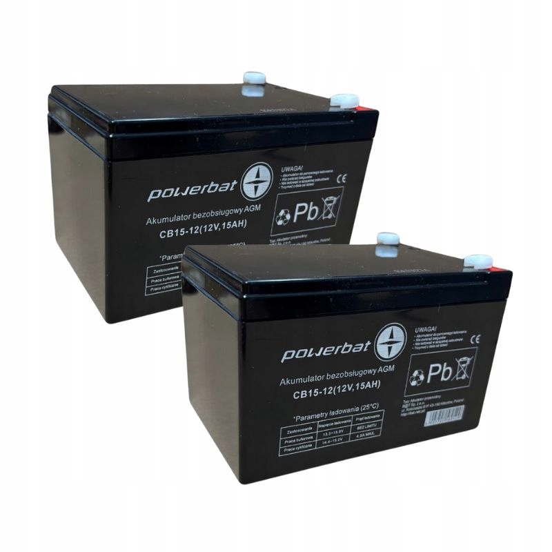 2x Akumulátor Agm 12V 15Ah Powerbat pro autíčko Ups kolo vozidlo Cctv alarm