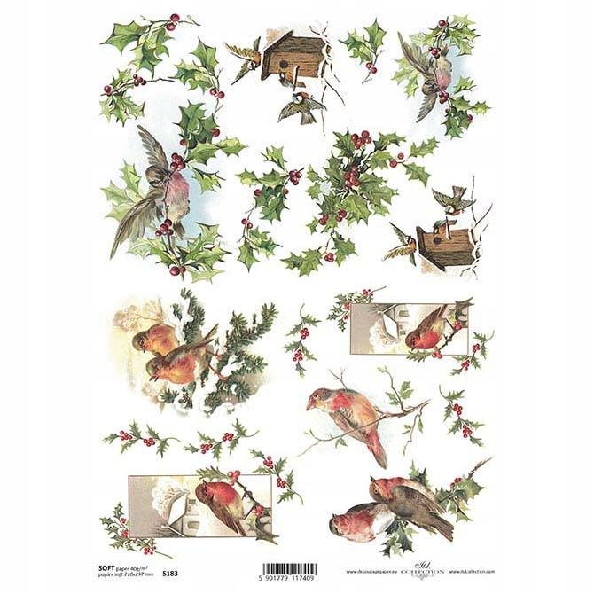 Papier decoupage A4 Soft ptaszki ostrokrzew S0183
