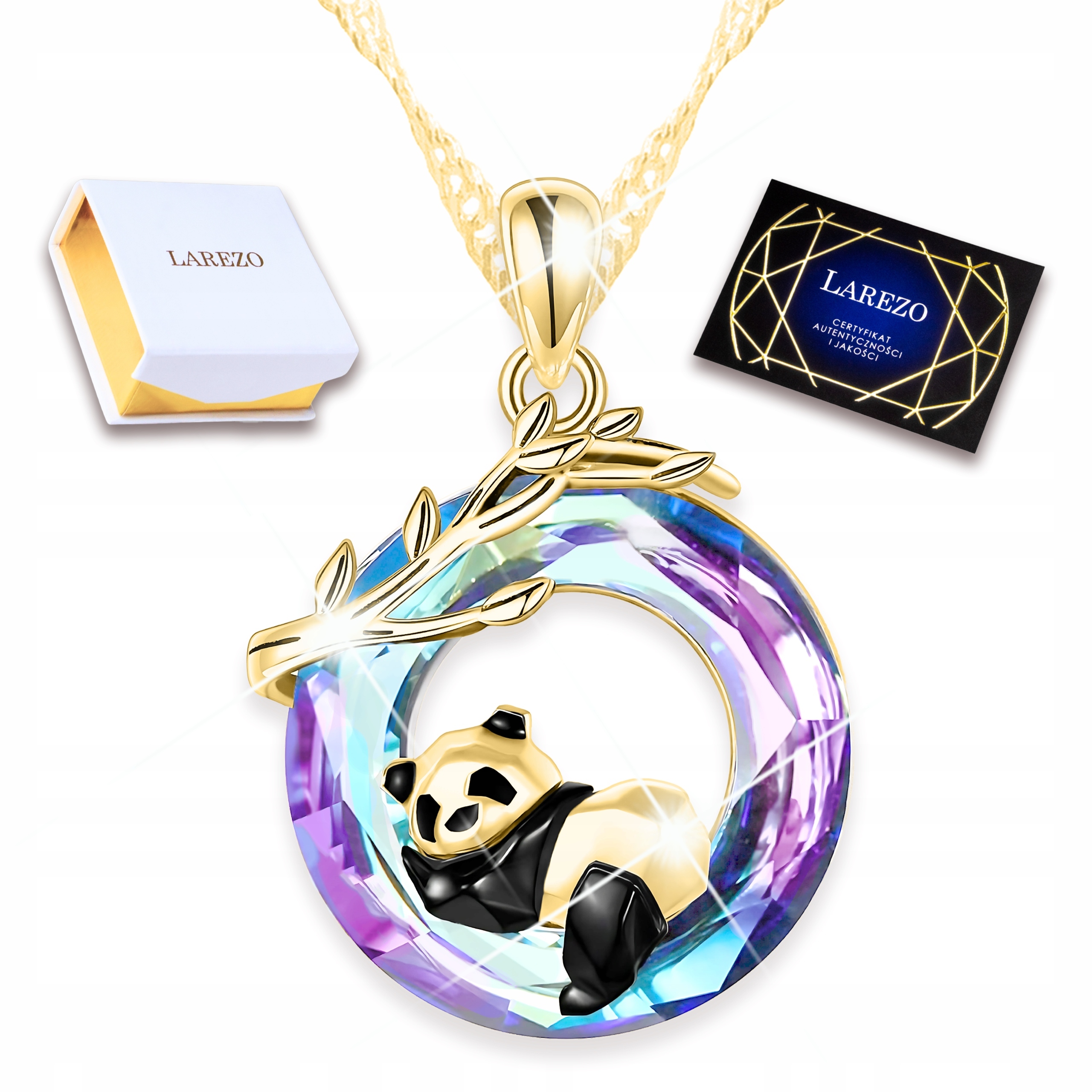 Zlatý náhrdelník Křišťálové kolo Zvíře Panda Barevný Křišťál Stříbro 925