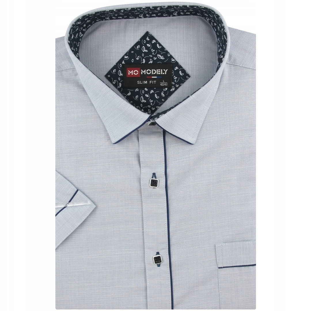 Lniana Koszula Męska Codzienna Casual gładka jasna szara z lamówką P760