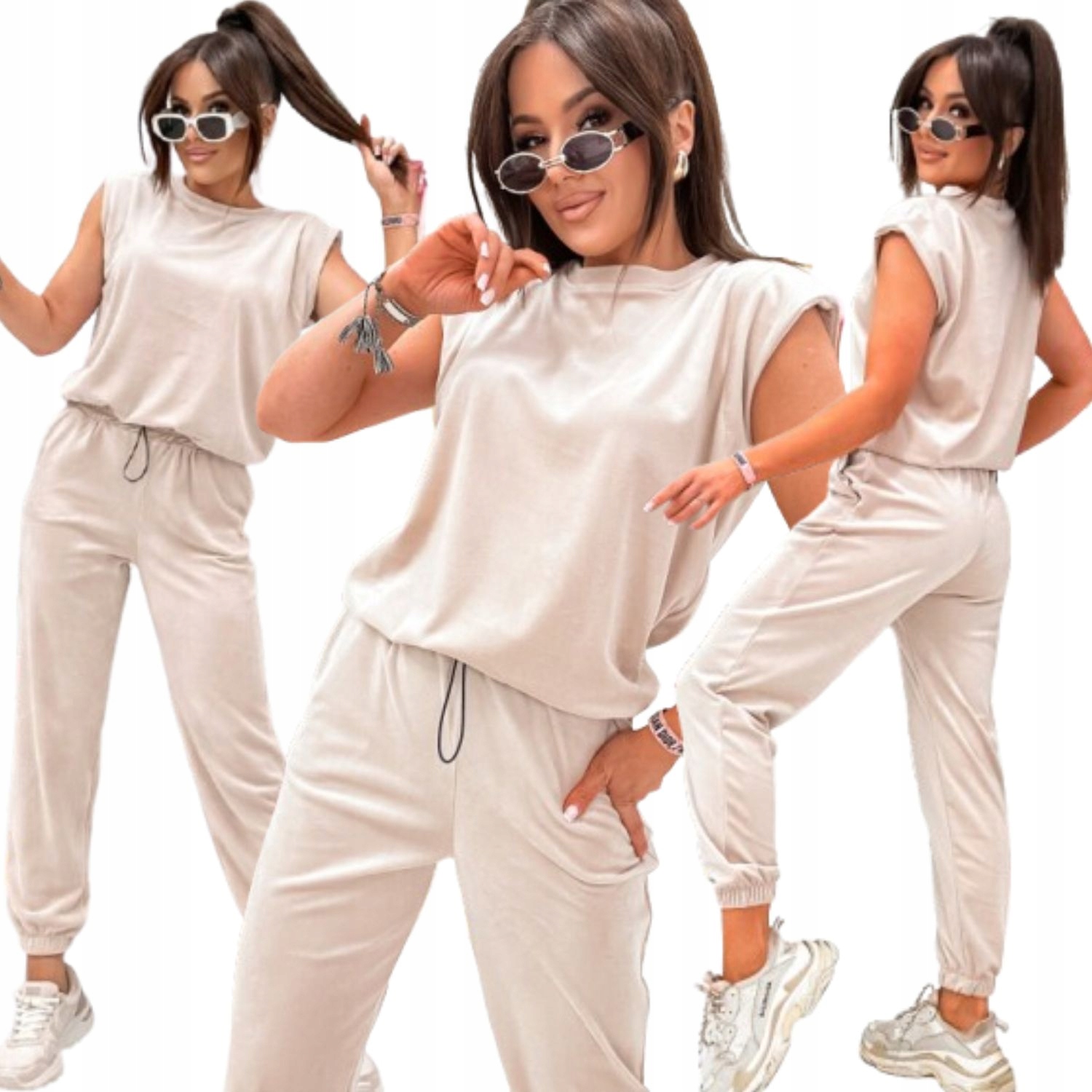 Dres Welurowy Damski Beżowy Komplet Bluza Spodnie Polska Produkcja S/m