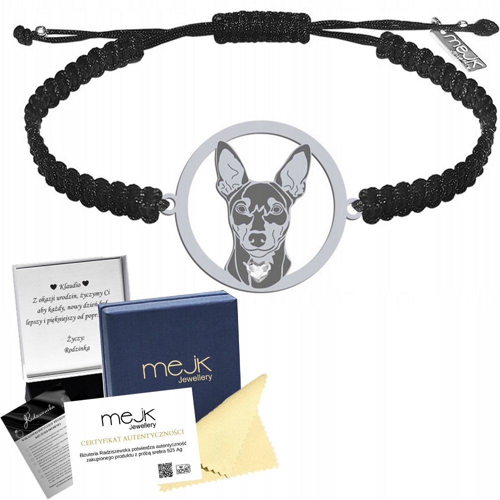 Stříbrný náramek s Miniaturní pinč se psem 925 Makramé Dárek Gravírování