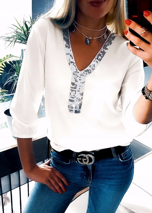 . ELEGANCKA BLUZKA LUŹNA NA CO DZIEŃ Z CEKINAMI 46 Rozmiar 3XL