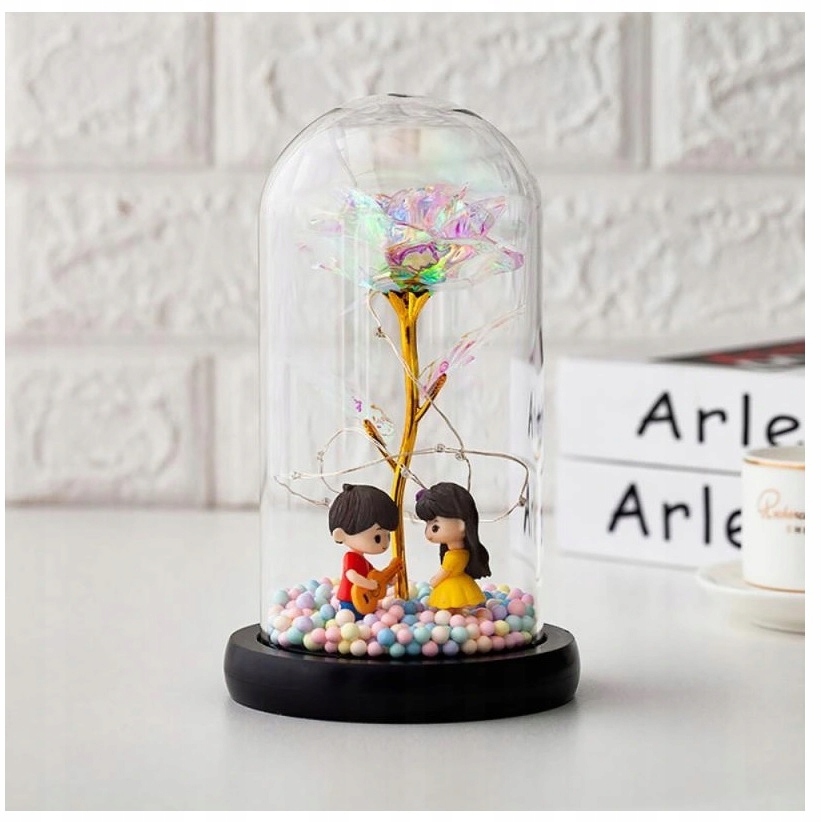 WIECZNA RÓŻA W SZKLE ŚWIATEŁKA LED flower box rose Wysokość 20.5 cm