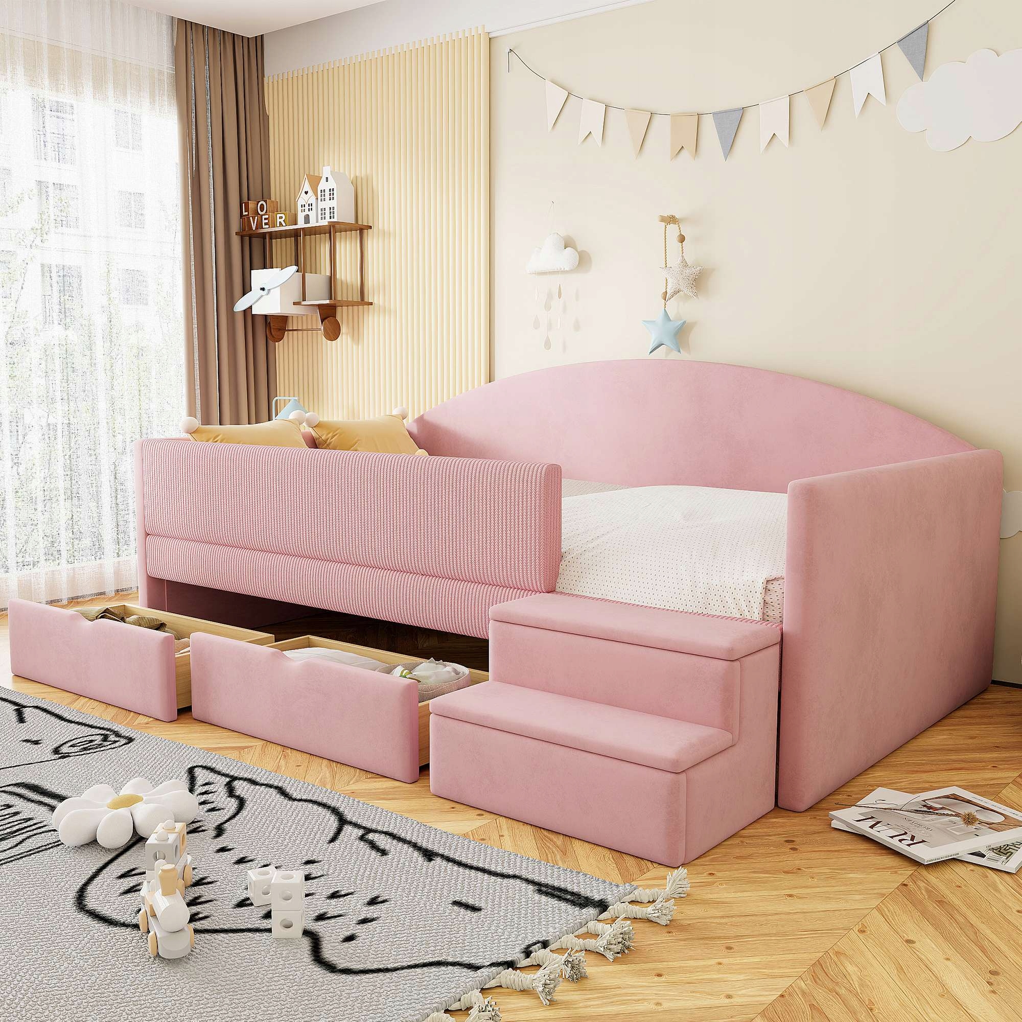 Čalouněná rozkládací postel 90*190 cm 2 zásuvky Schody růžová