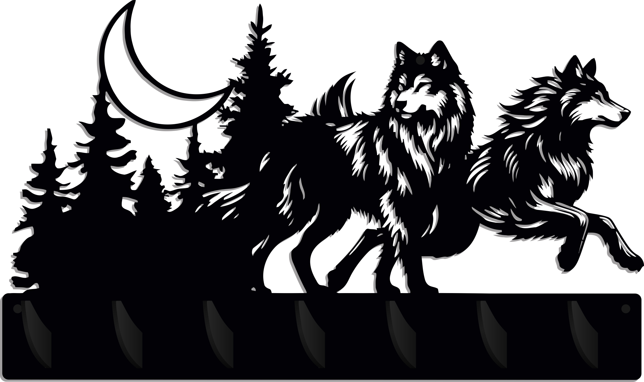 Věšáky na oblečení, nástěnný věšák, černý, velký, vlci v lese