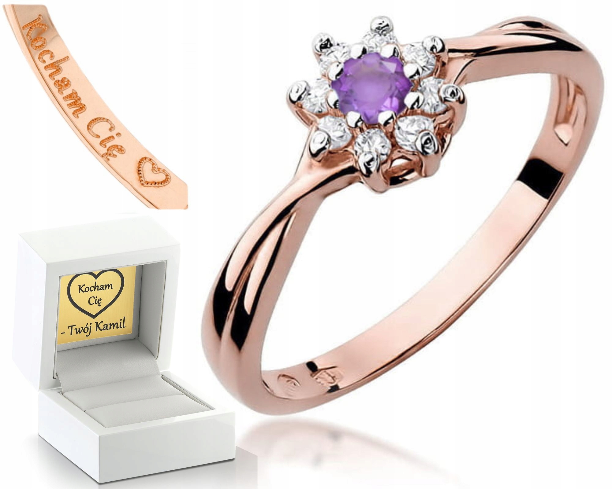 Růžové Zlato Prstýnek Ametyst Brilianty Gravírování