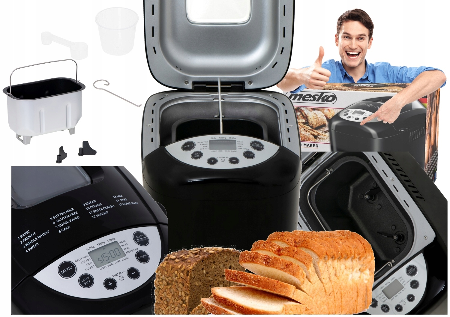 Pekárna na chleba stroj na pečení 15 programů 2 míchadla černá