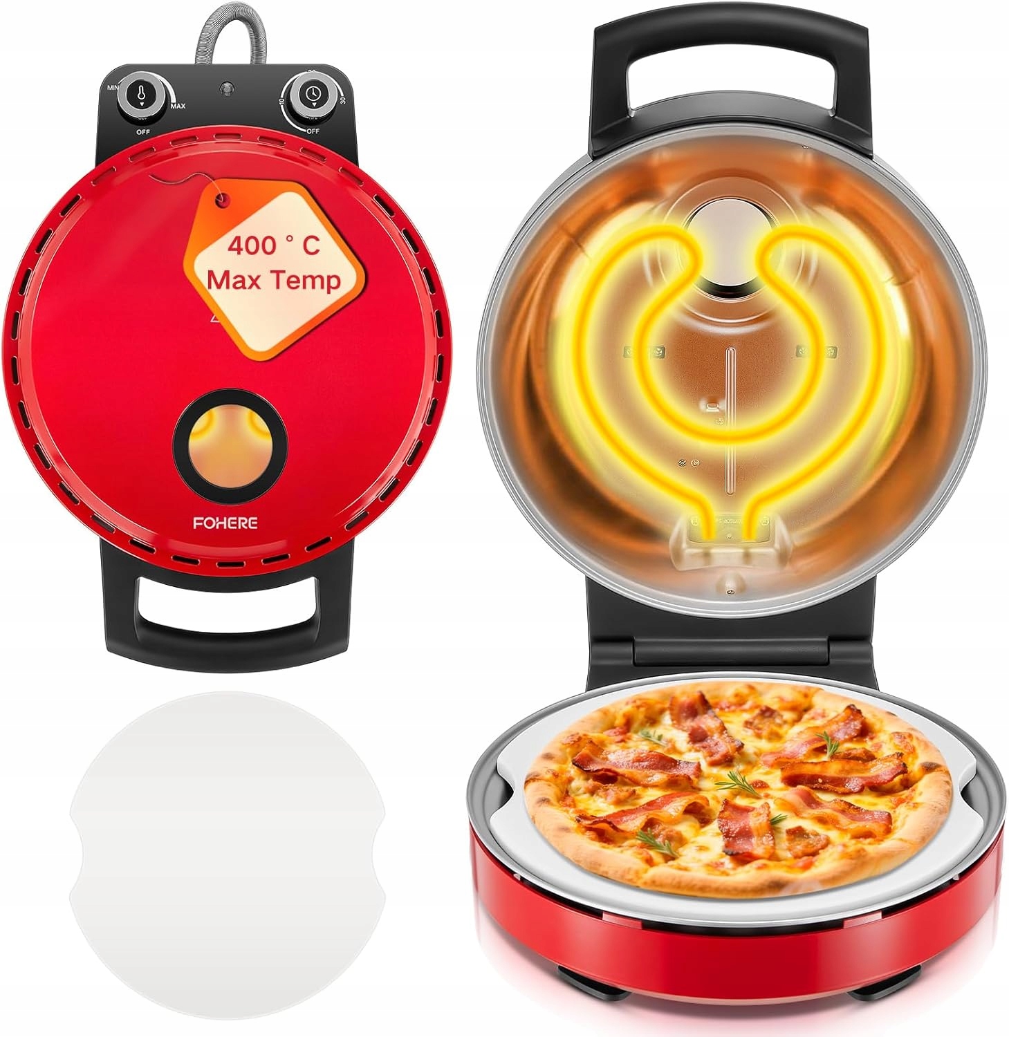 Kamna na pizzu 12" 1200W Elektrická s kordieritovým kamenem Červená