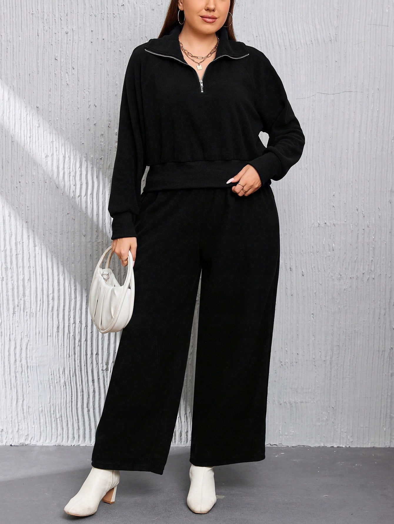 Teplákovka Dámský Fleecový Komplet Volný Černý Casual Shein XXL 44